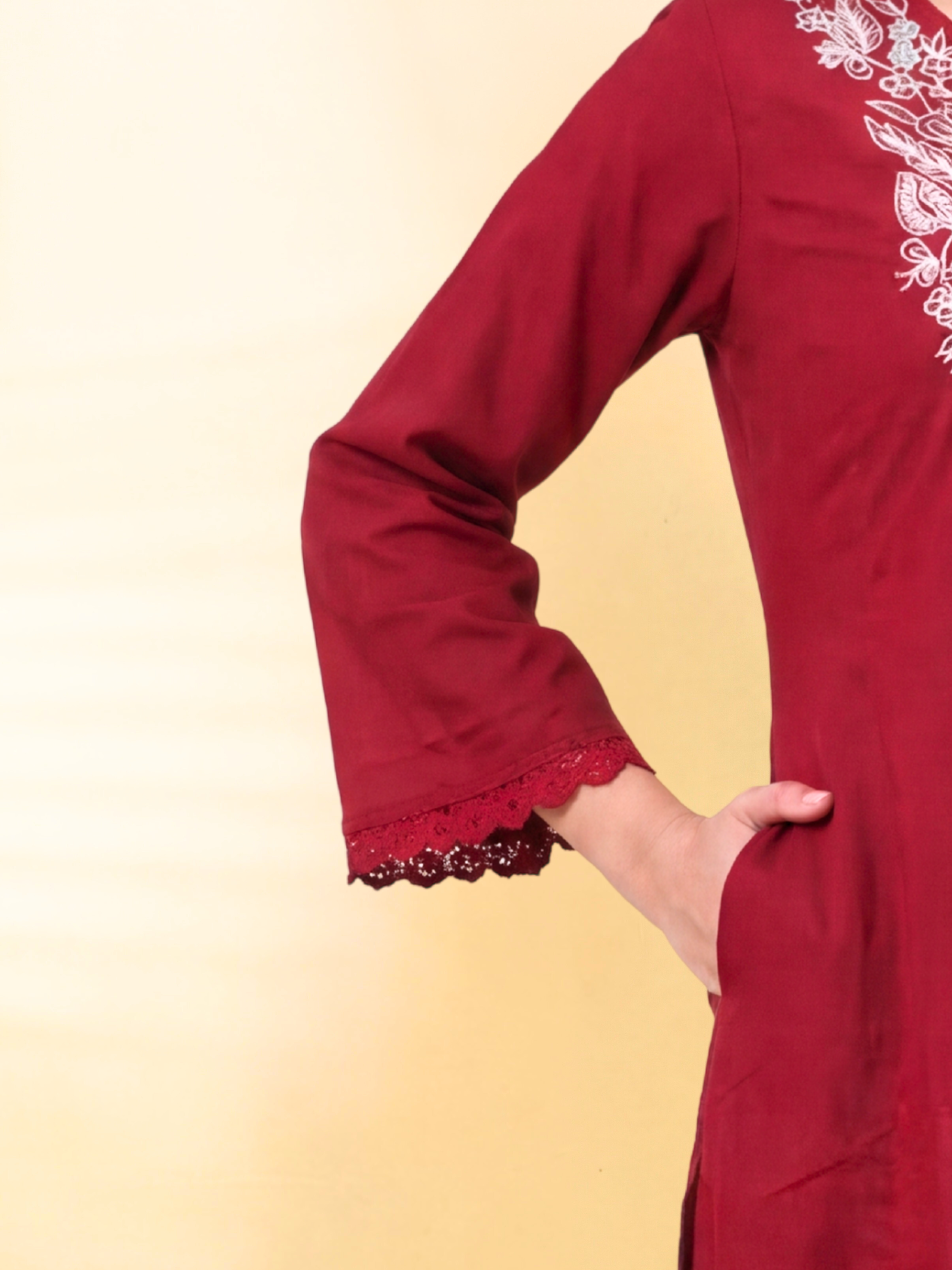 Midnight Festive A-Line Suit Set with Embroidery & Contrast Dupatta – Crimson