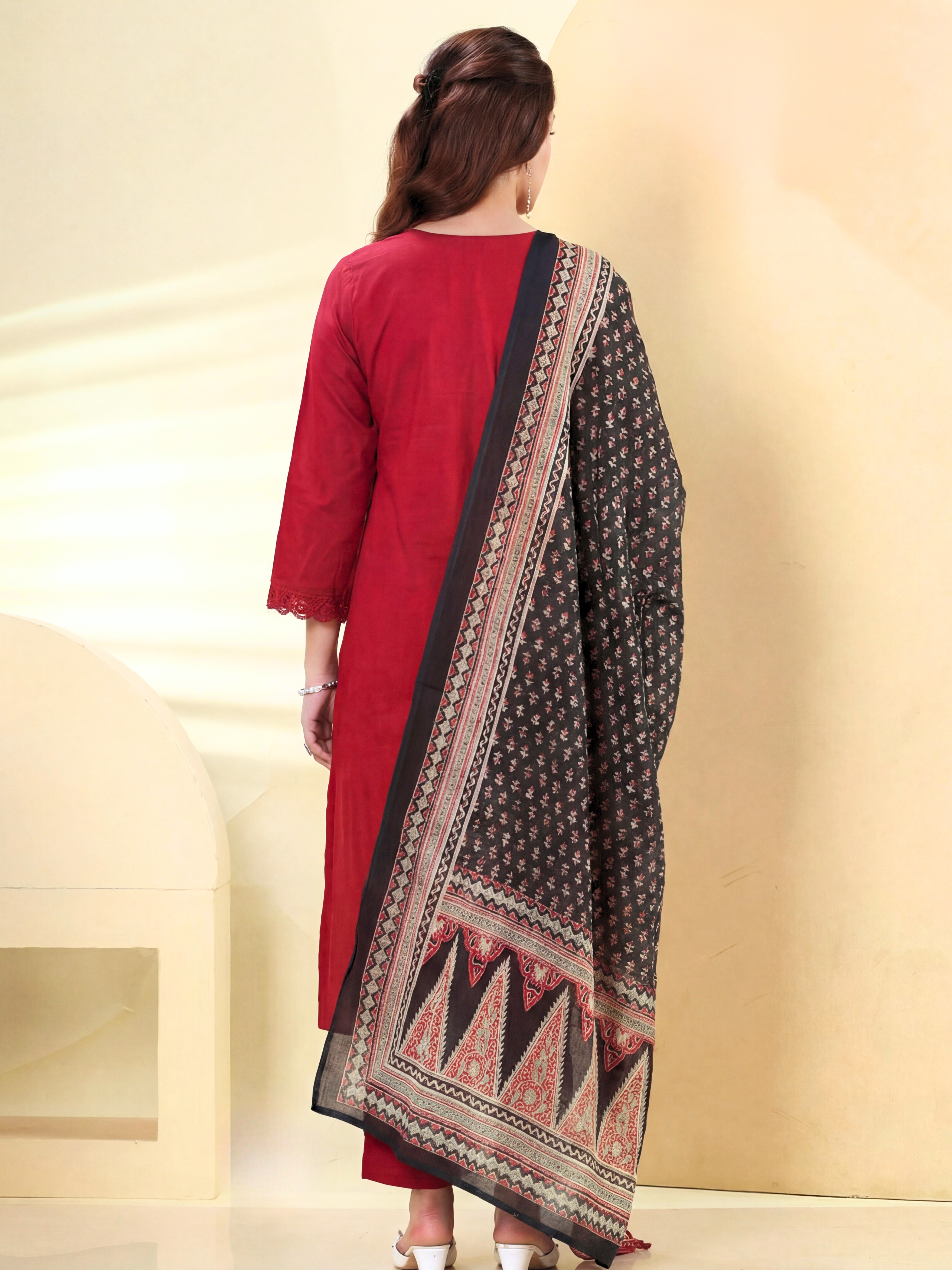Midnight Festive A-Line Suit Set with Embroidery & Contrast Dupatta – Crimson