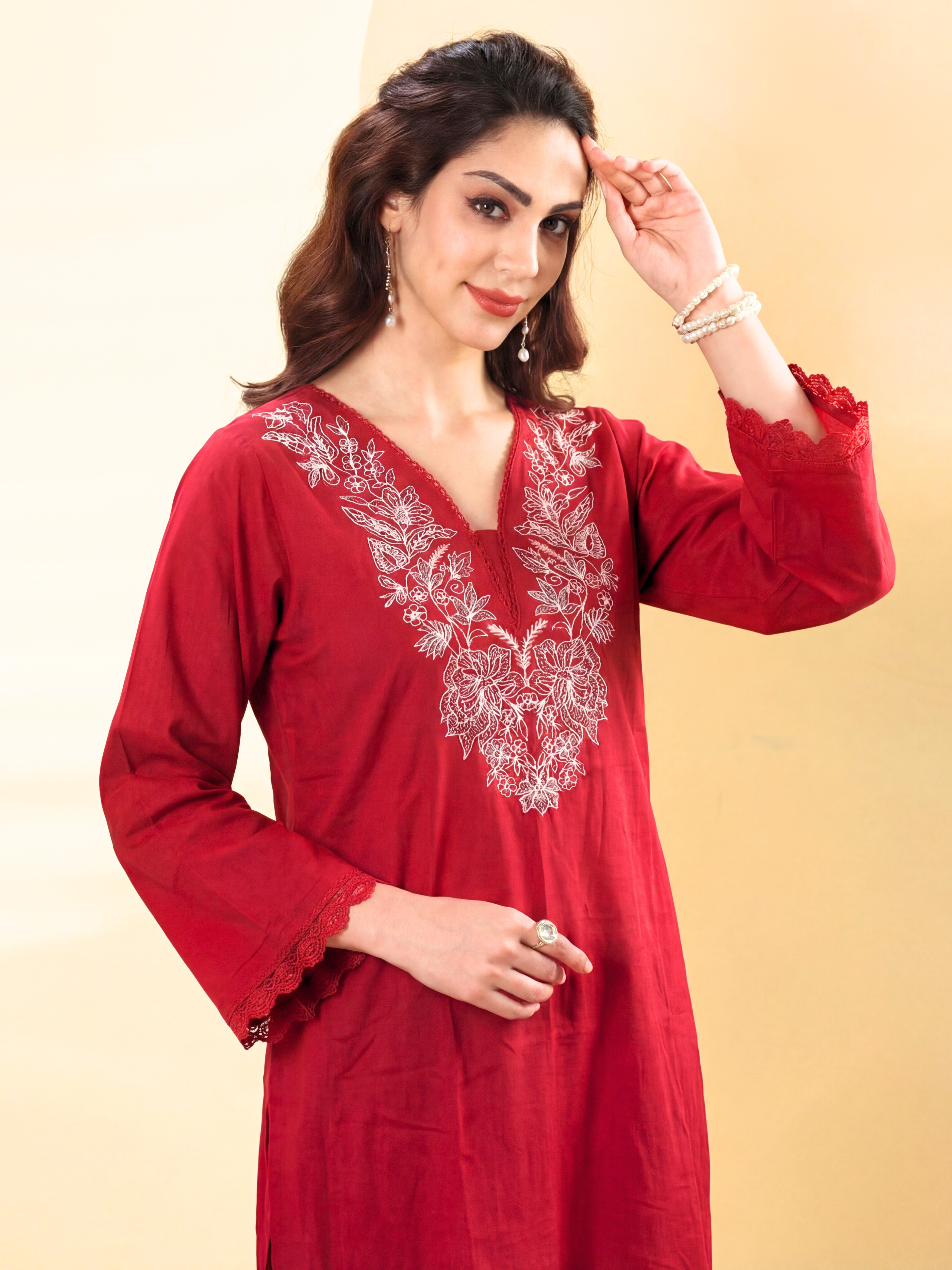 Midnight Festive A-Line Suit Set with Embroidery & Contrast Dupatta – Crimson