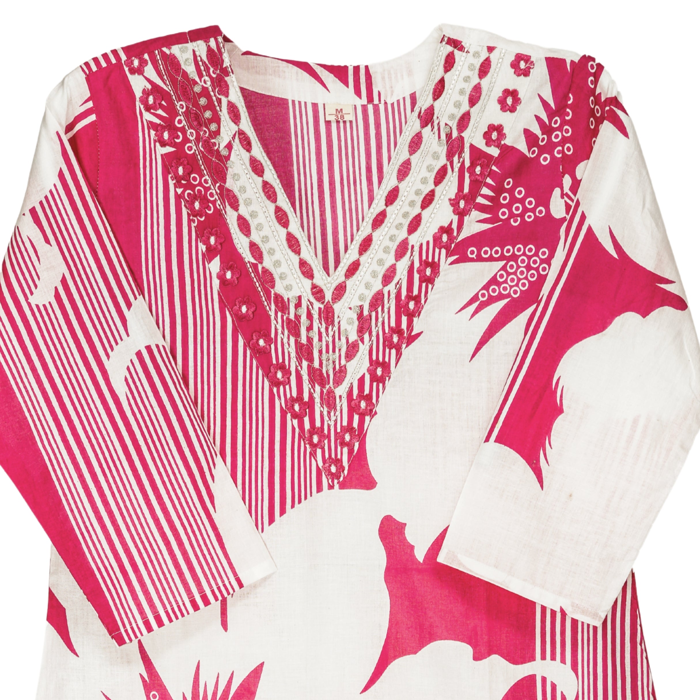 Bright Pink Handblock striped and floral motifs with Lightweight soft cotton Dupatta