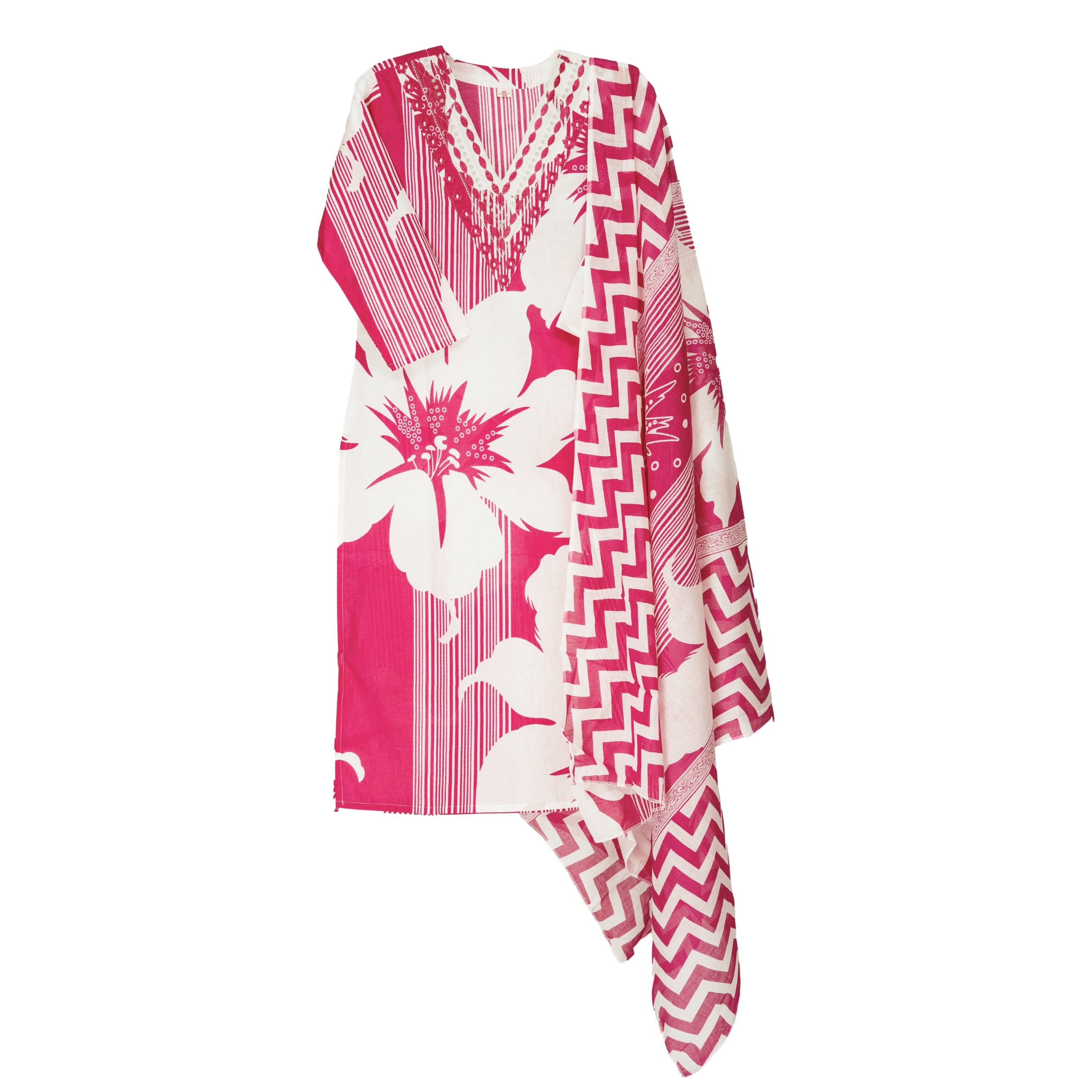 Bright Pink Handblock striped and floral motifs with Lightweight soft cotton Dupatta