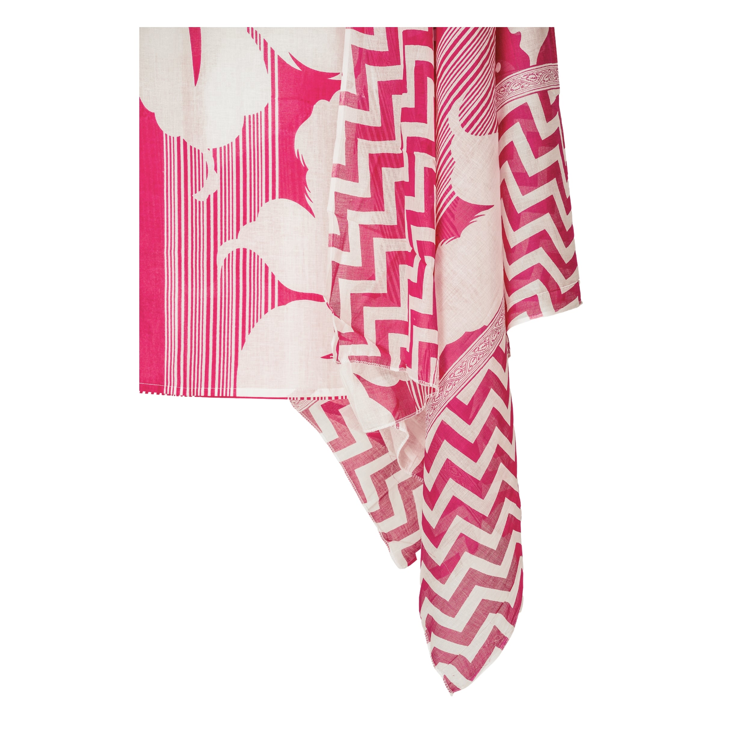 Bright Pink Handblock striped and floral motifs with Lightweight soft cotton Dupatta