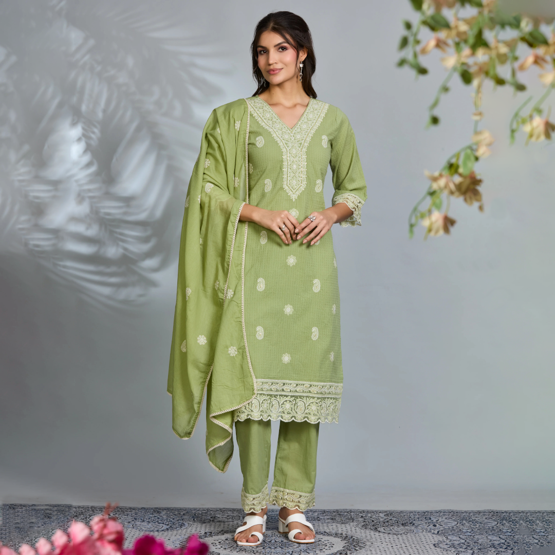 Pastel Green Elegance Straight Suit Set with White Embroidery & Cotton Dupatta