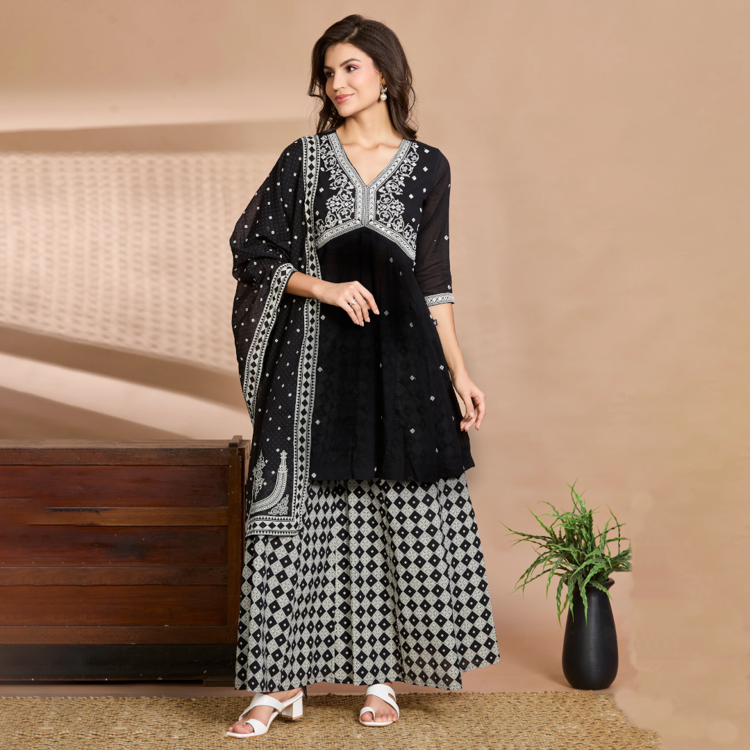 Midnight Charm Straight Suit Set with White Embroidery & Block Prints with Cotton Dupatta