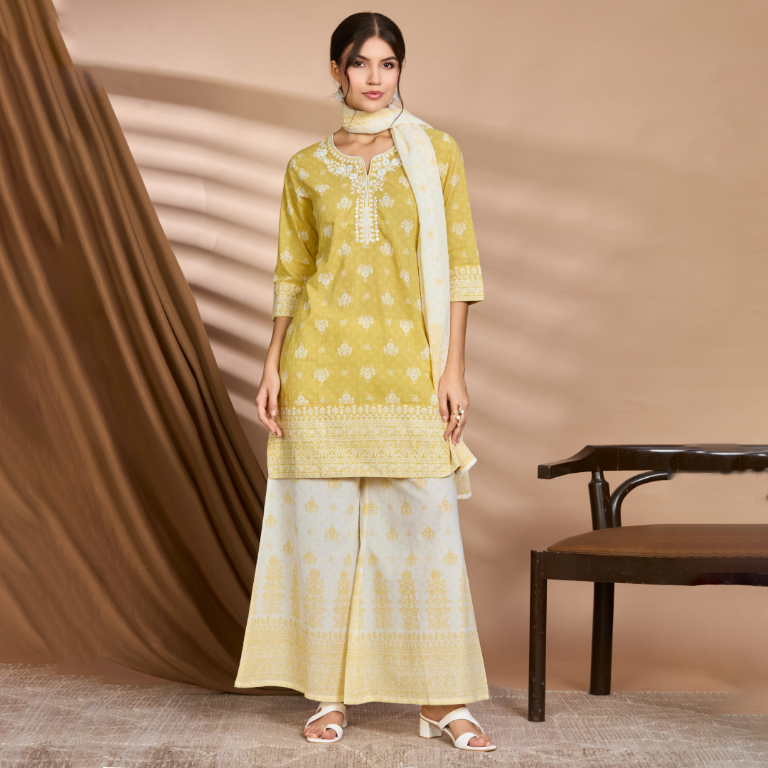 Butter Glow Straight Suit Set with White Embroidery & Floral Block Prints with Cotton Dupatta