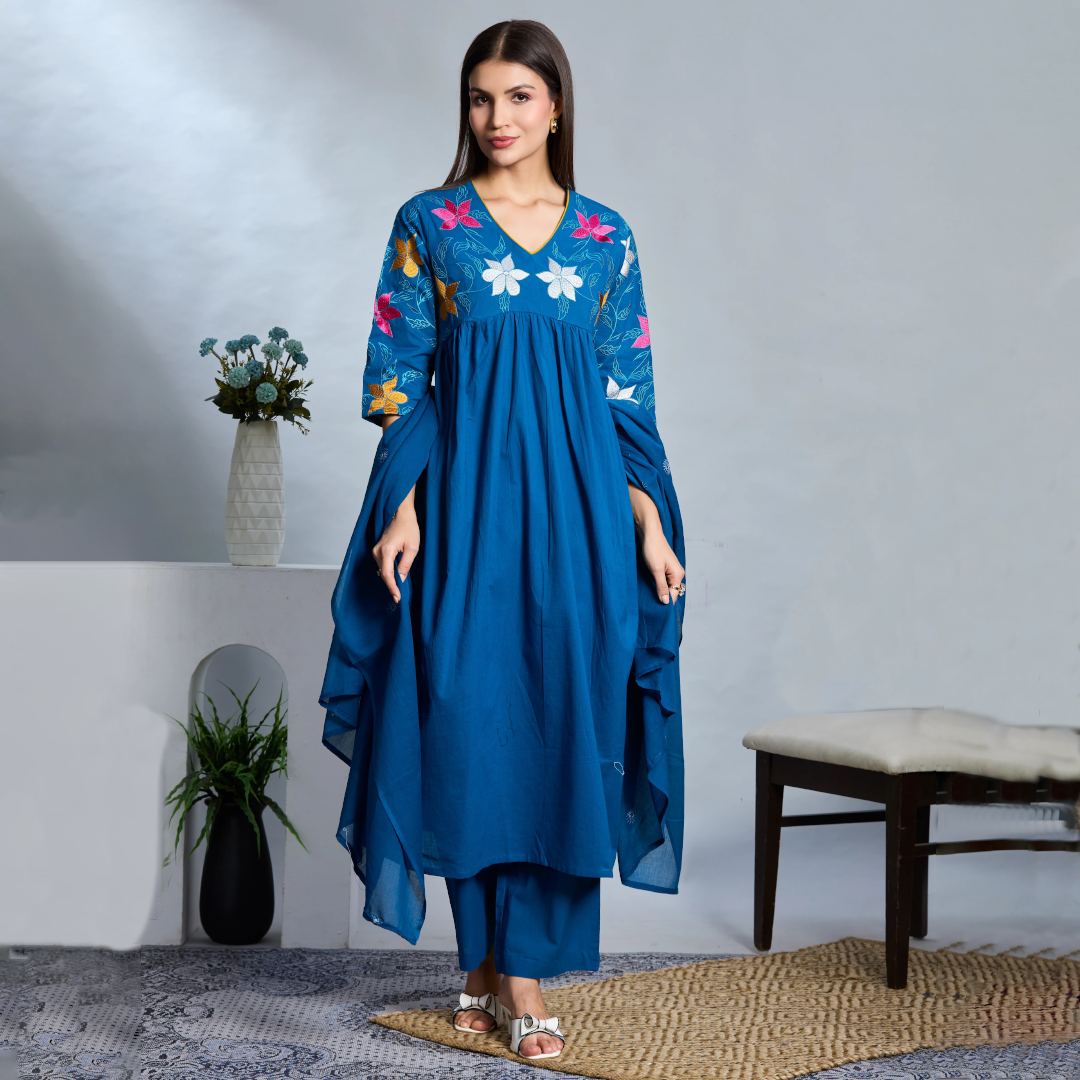 Cobalt Charm Anarkali Suit Set with Multicolor Embroidery Accents in Pure Cotton with Dupatta
