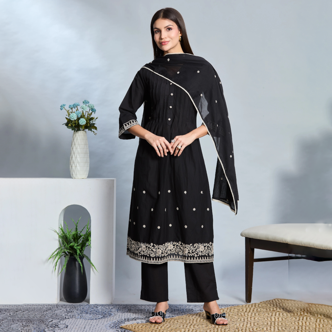 Midnight Grace A-Line Suit Set with Black & Ivory Embroidered Details with Cotton Dupatta