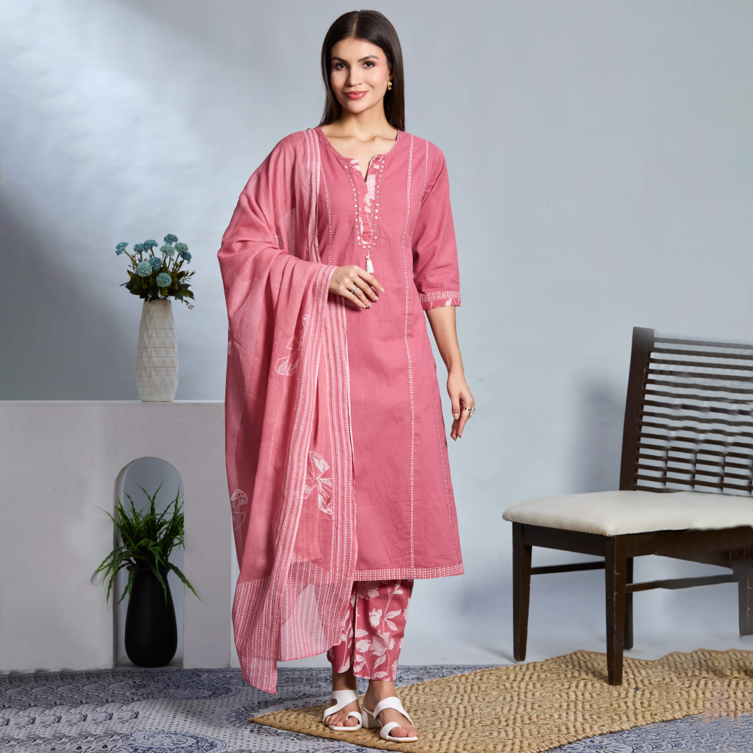Dusty Rose Elegance A-Line Suit Set with Floral Block Prints in Pure Cotton with Cotton Dupatta