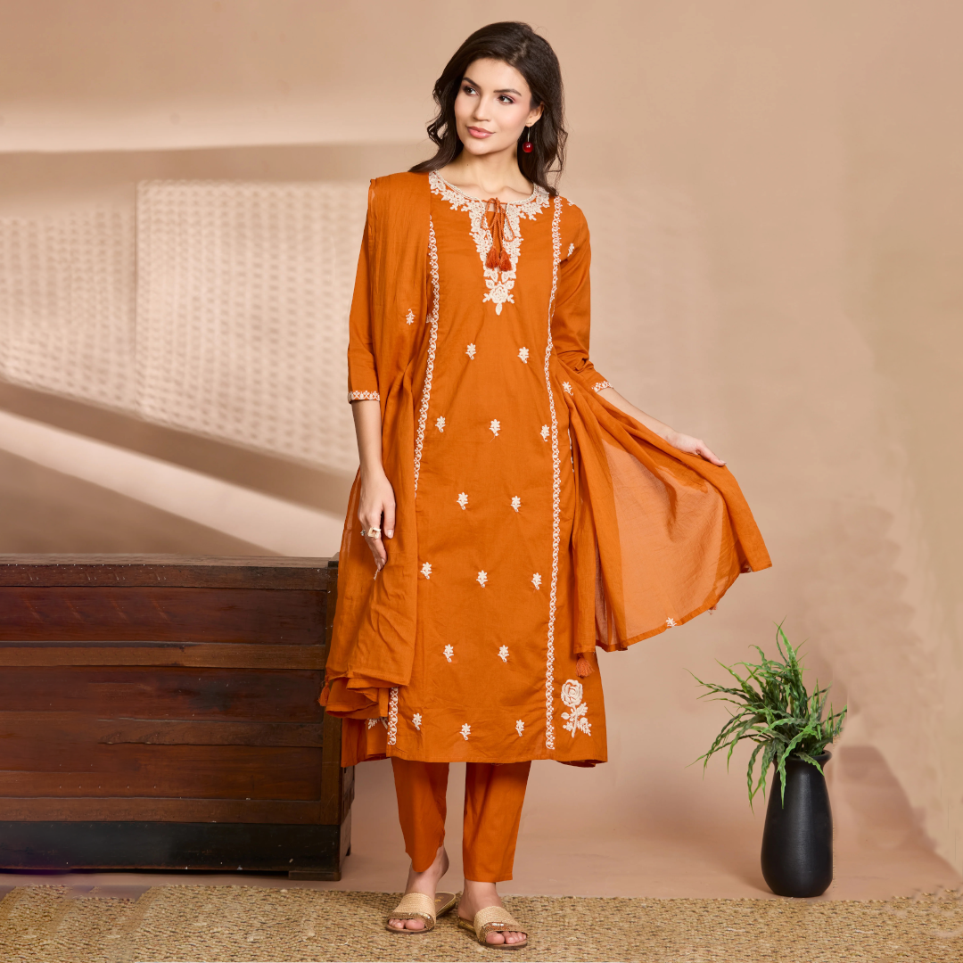 Tangerine Glow A-Line Suit Set with Ivory Embroidered Details with Cotton Dupatta