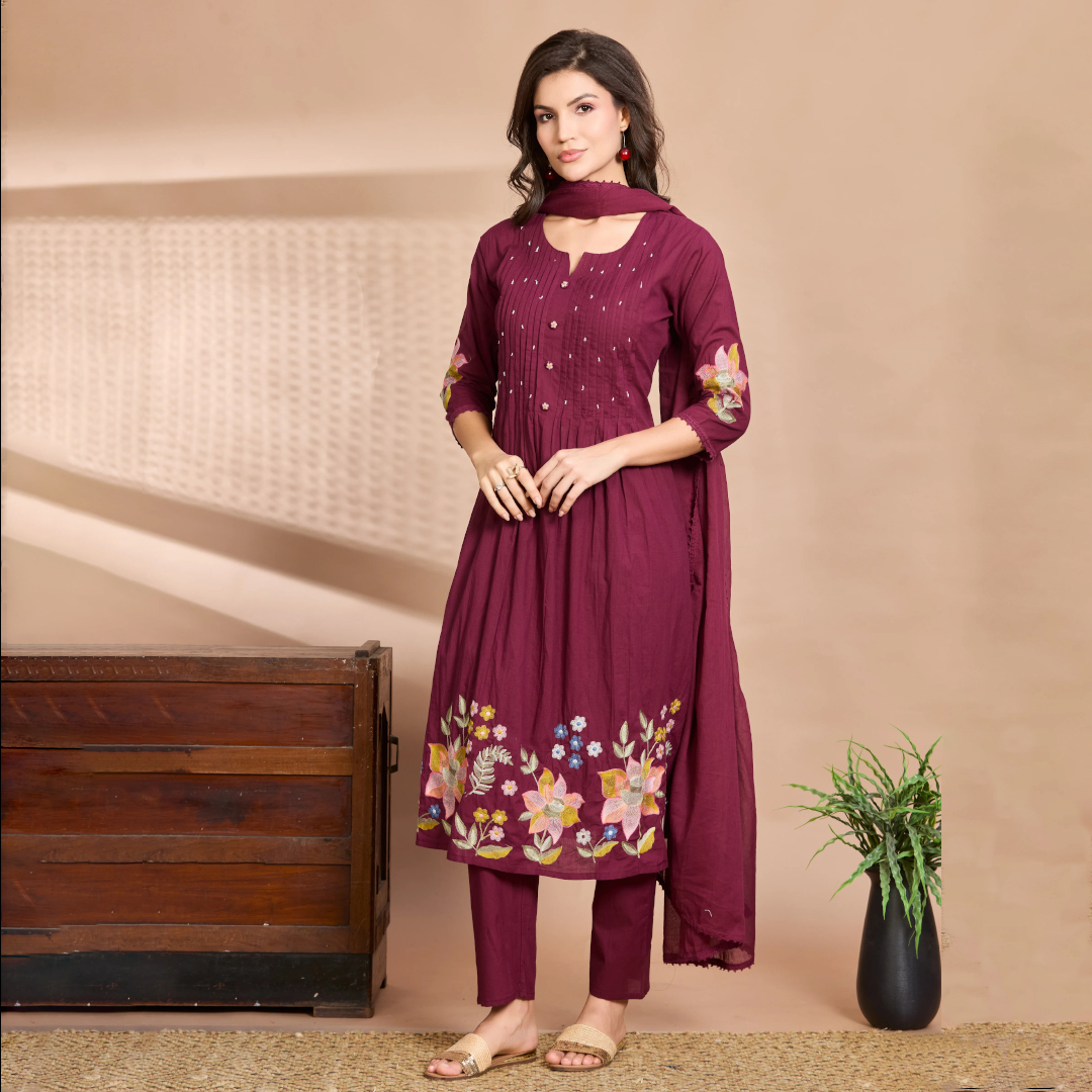 Burgundy Charm A-Line Suit Set with Multicolour Embroidered Details with Cotton Dupatta