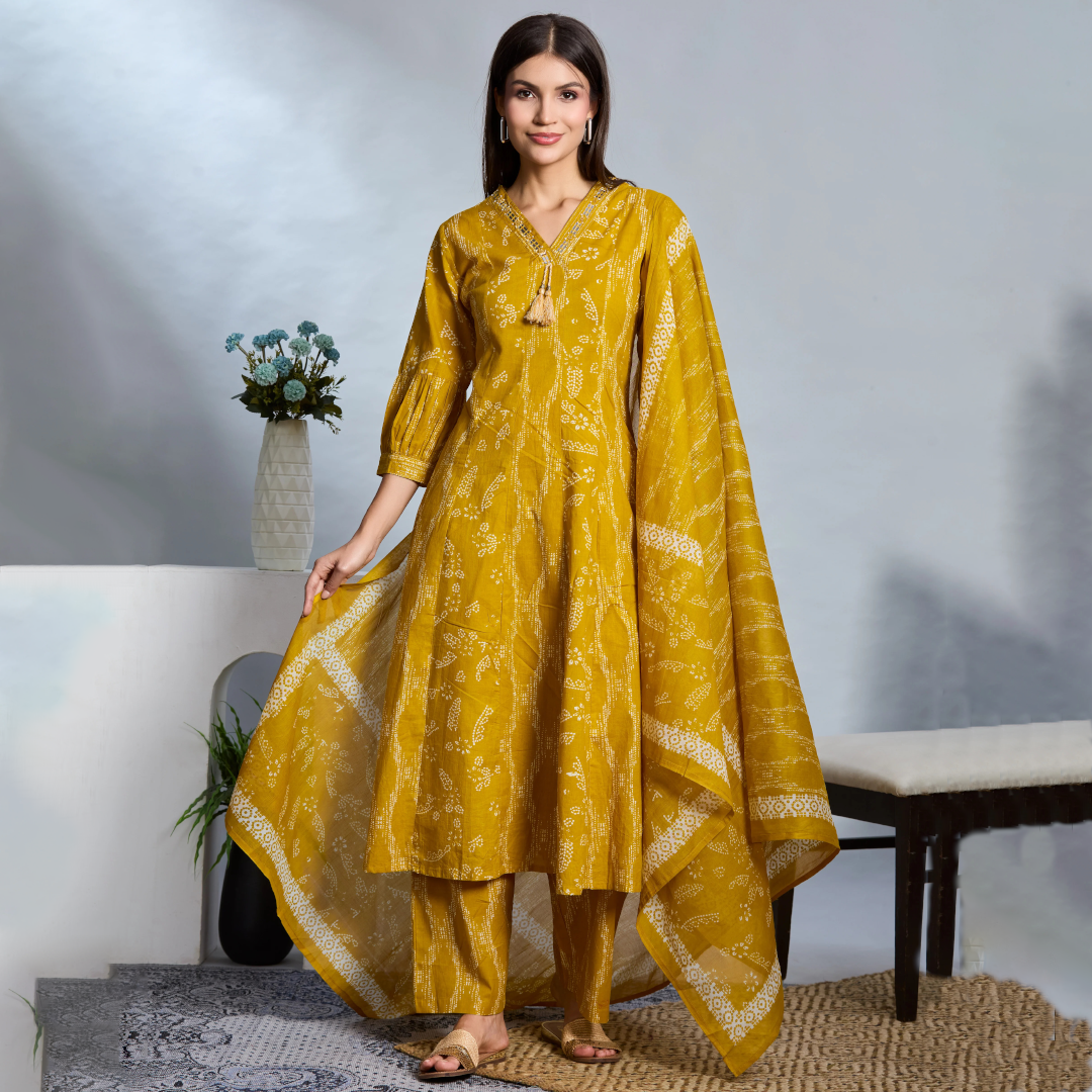 Amber Glow A-Line Suit Set with Ivory Block Prints with Cotton Dupatta