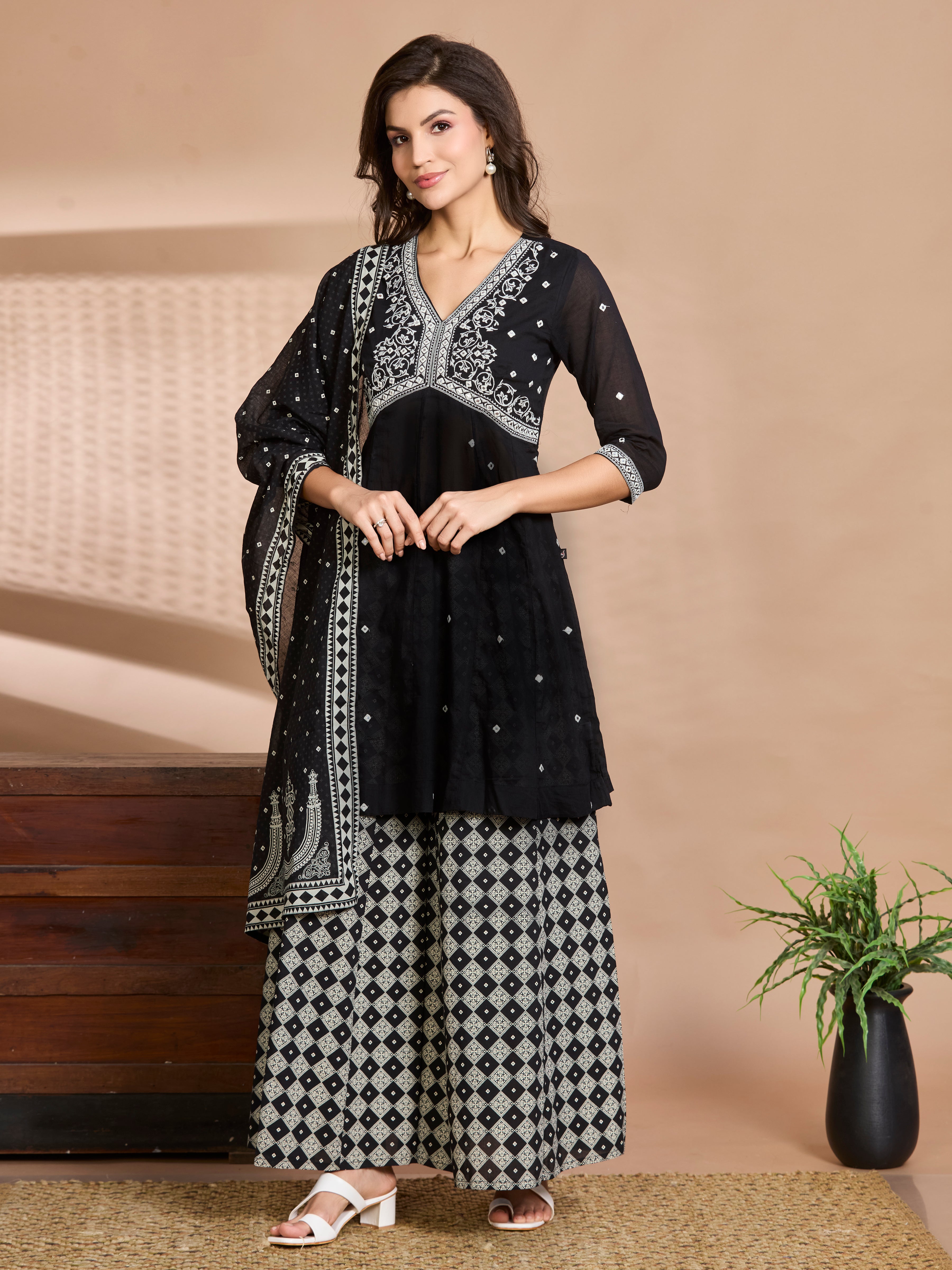 Midnight Charm Straight Suit Set with White Embroidery & Block Prints with Cotton Dupatta
