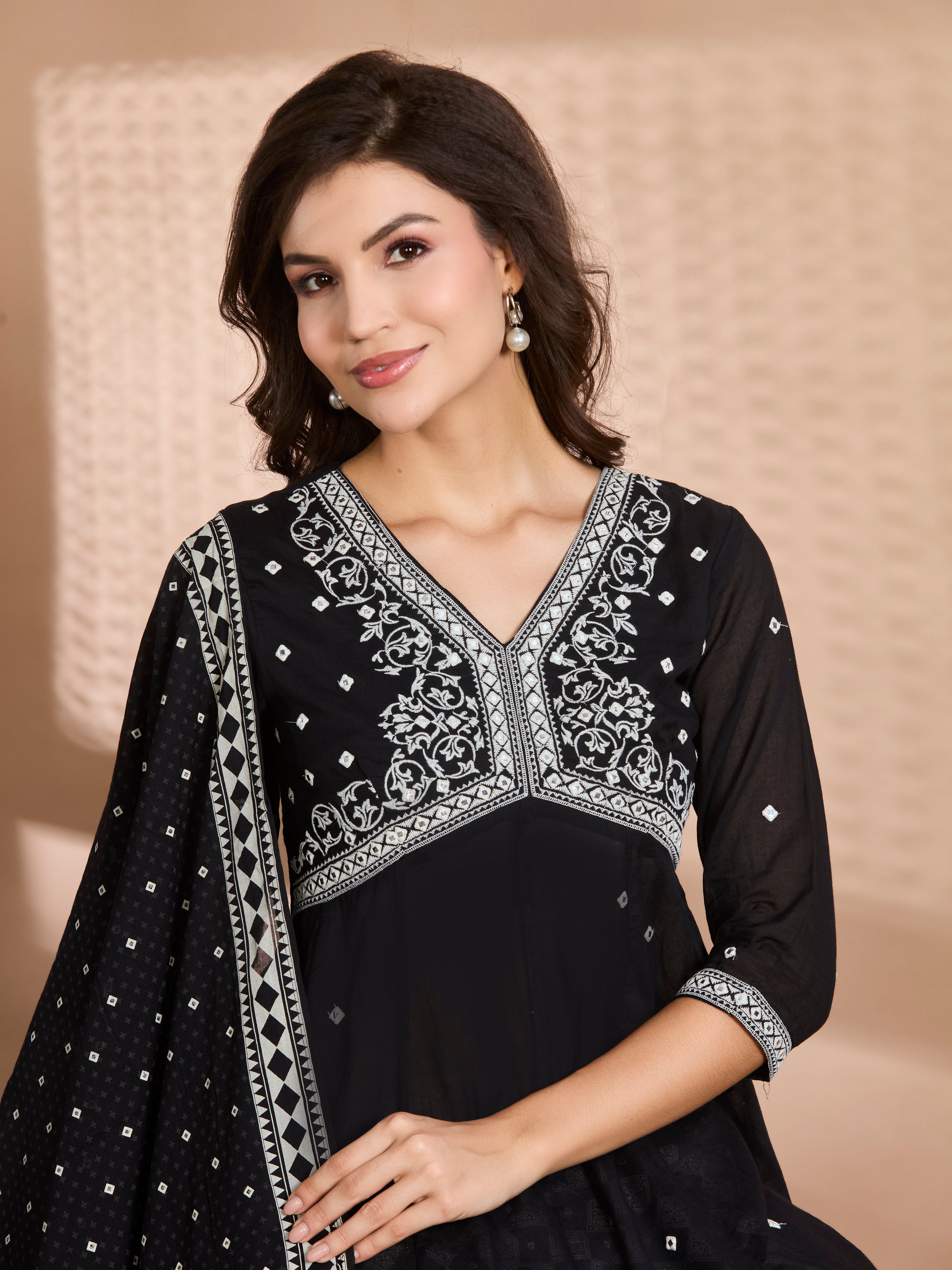 Midnight Charm Straight Suit Set with White Embroidery & Block Prints with Cotton Dupatta