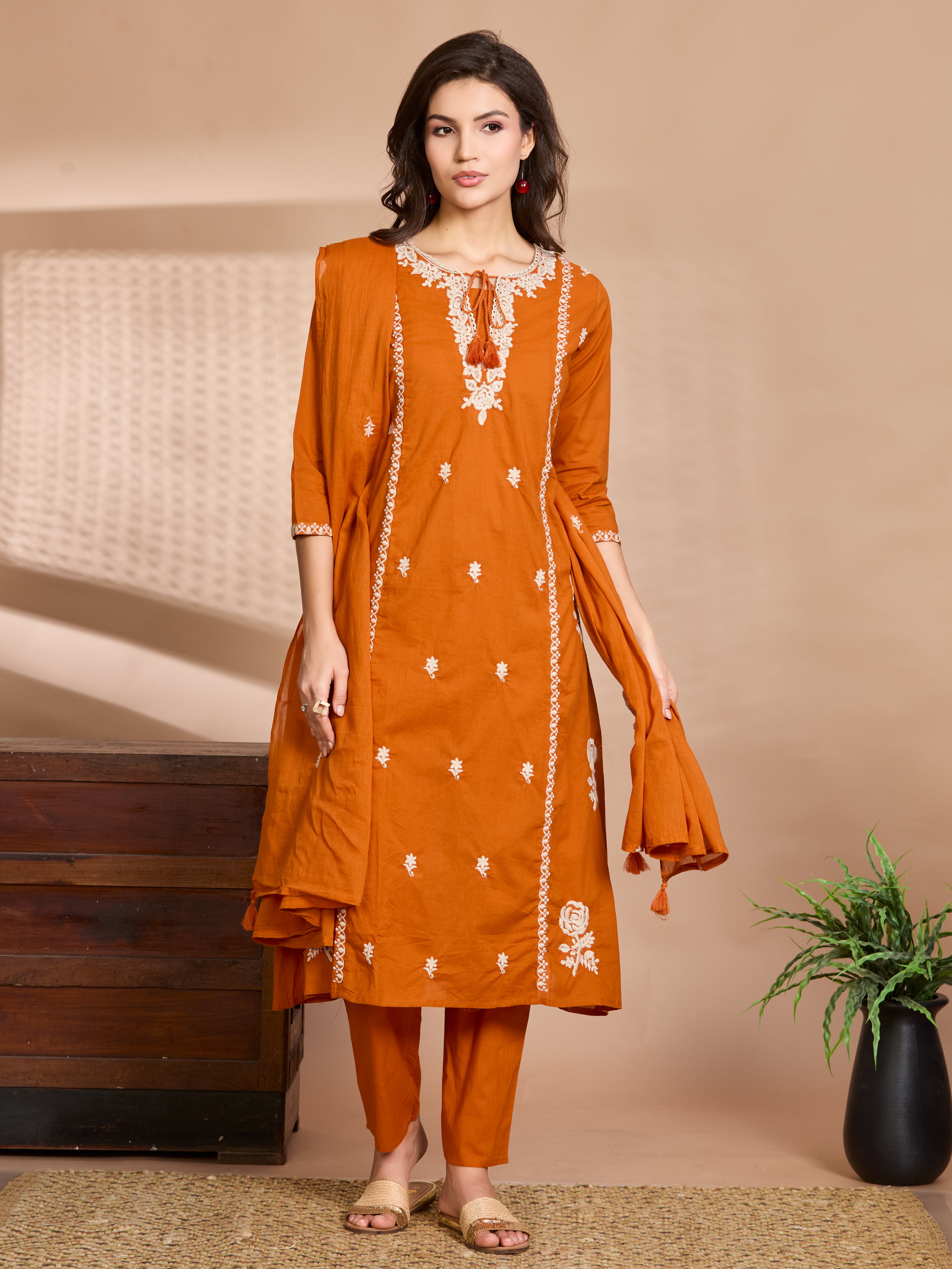Tangerine Glow A-Line Suit Set with Ivory Embroidered Details with Cotton Dupatta
