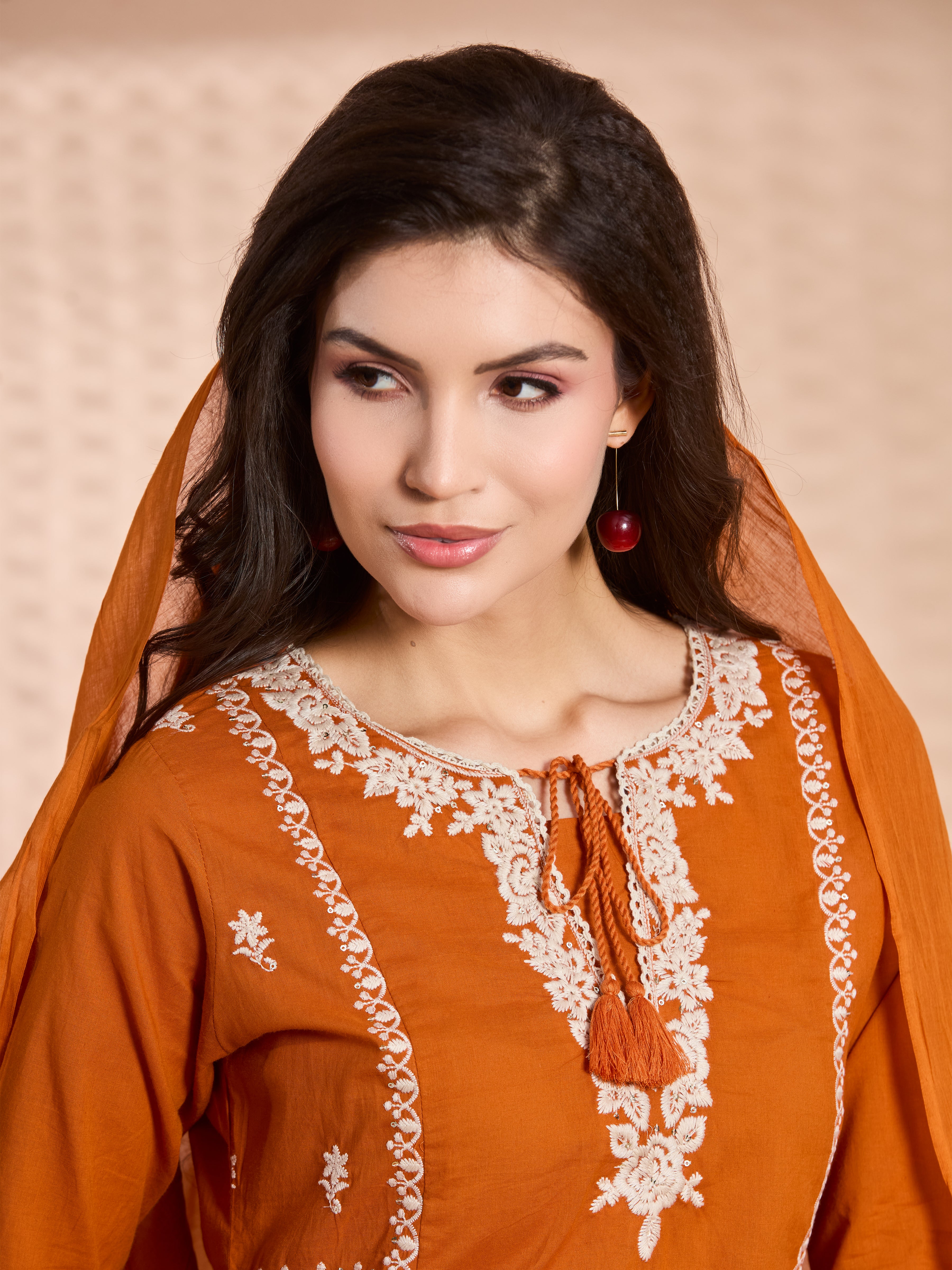 Tangerine Glow A-Line Suit Set with Ivory Embroidered Details with Cotton Dupatta