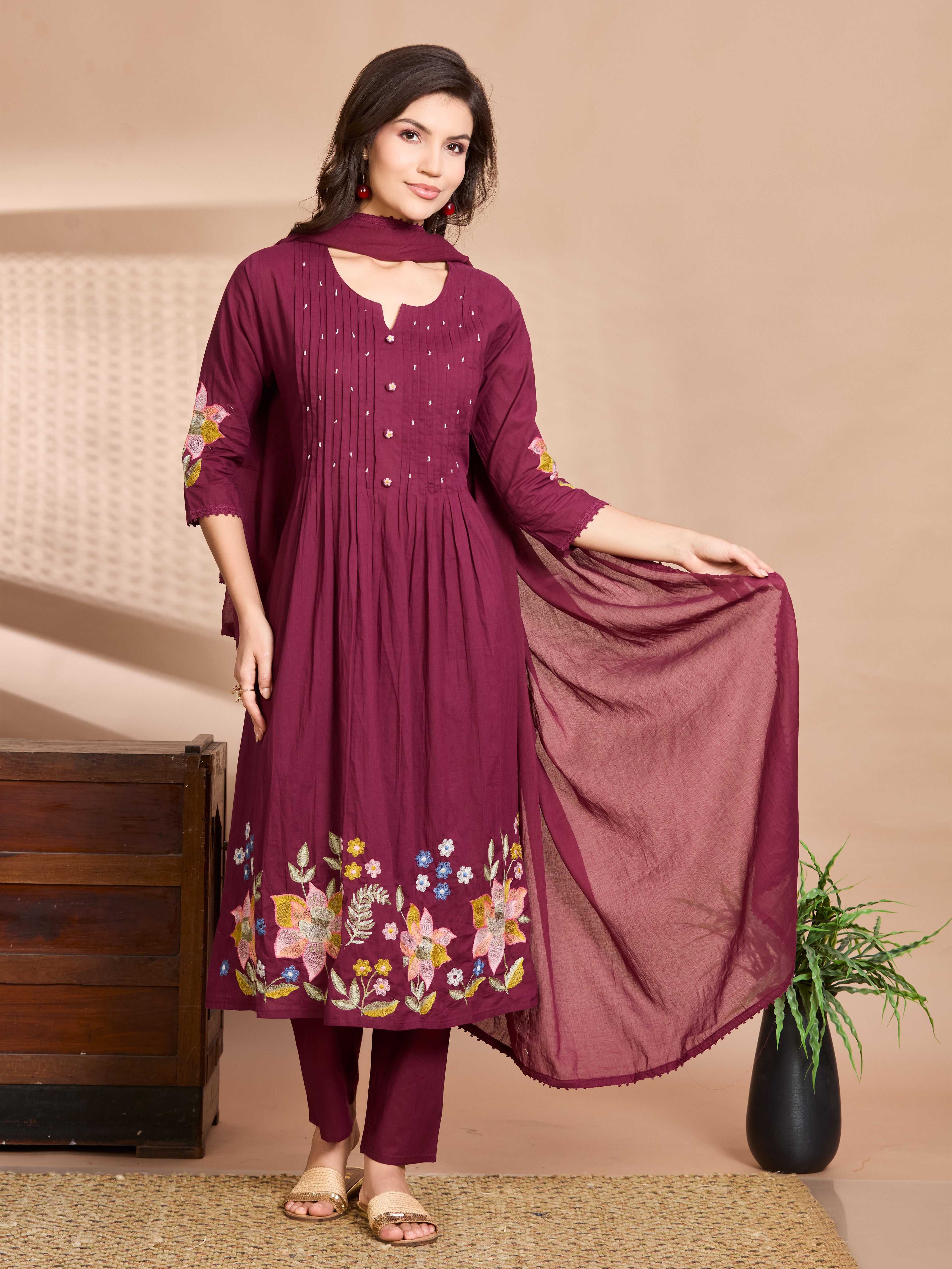 Burgundy Charm A-Line Suit Set with Multicolour Embroidered Details with Cotton Dupatta