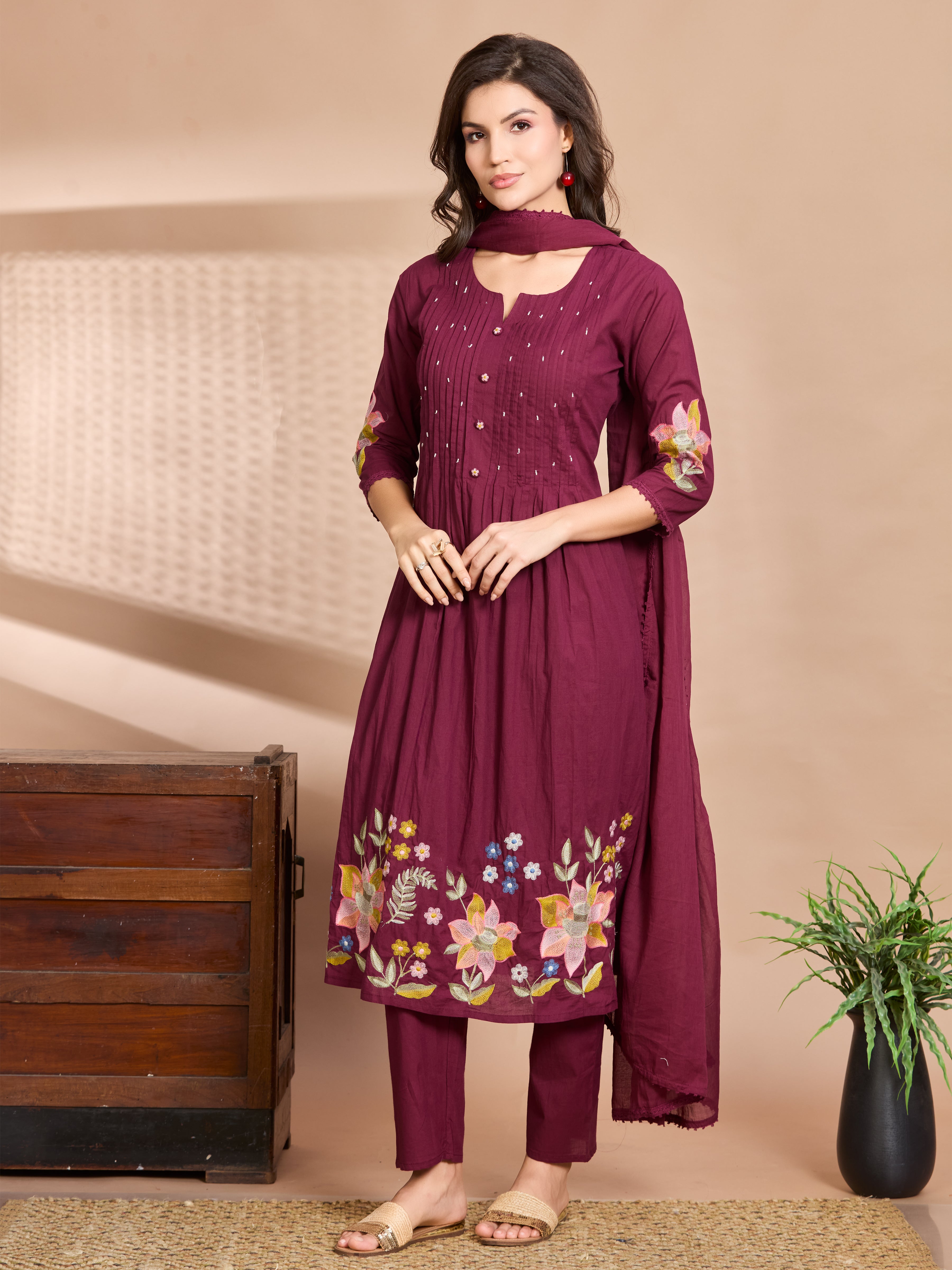 Burgundy Charm A-Line Suit Set with Multicolour Embroidered Details with Cotton Dupatta