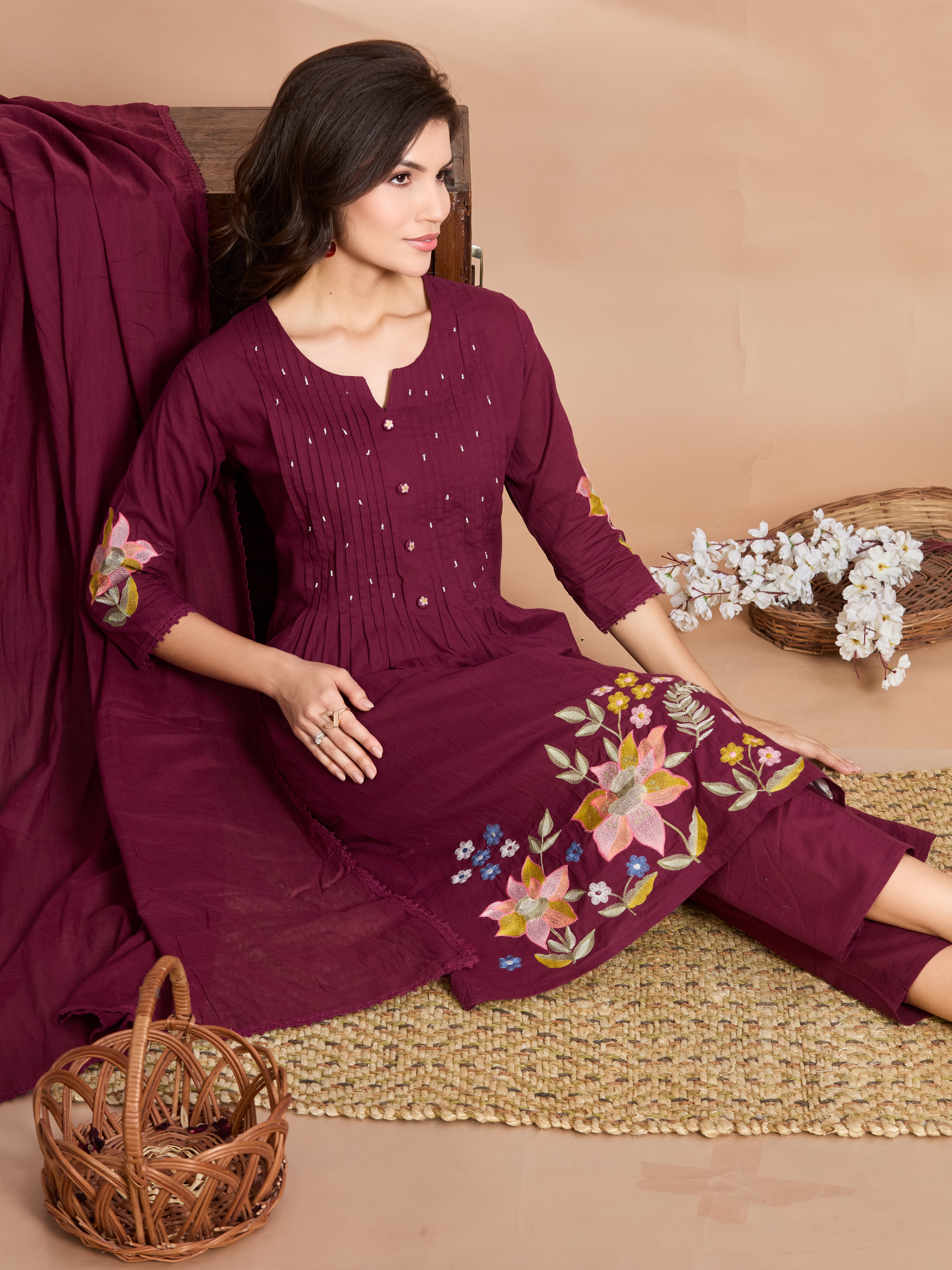Burgundy Charm A-Line Suit Set with Multicolour Embroidered Details with Cotton Dupatta