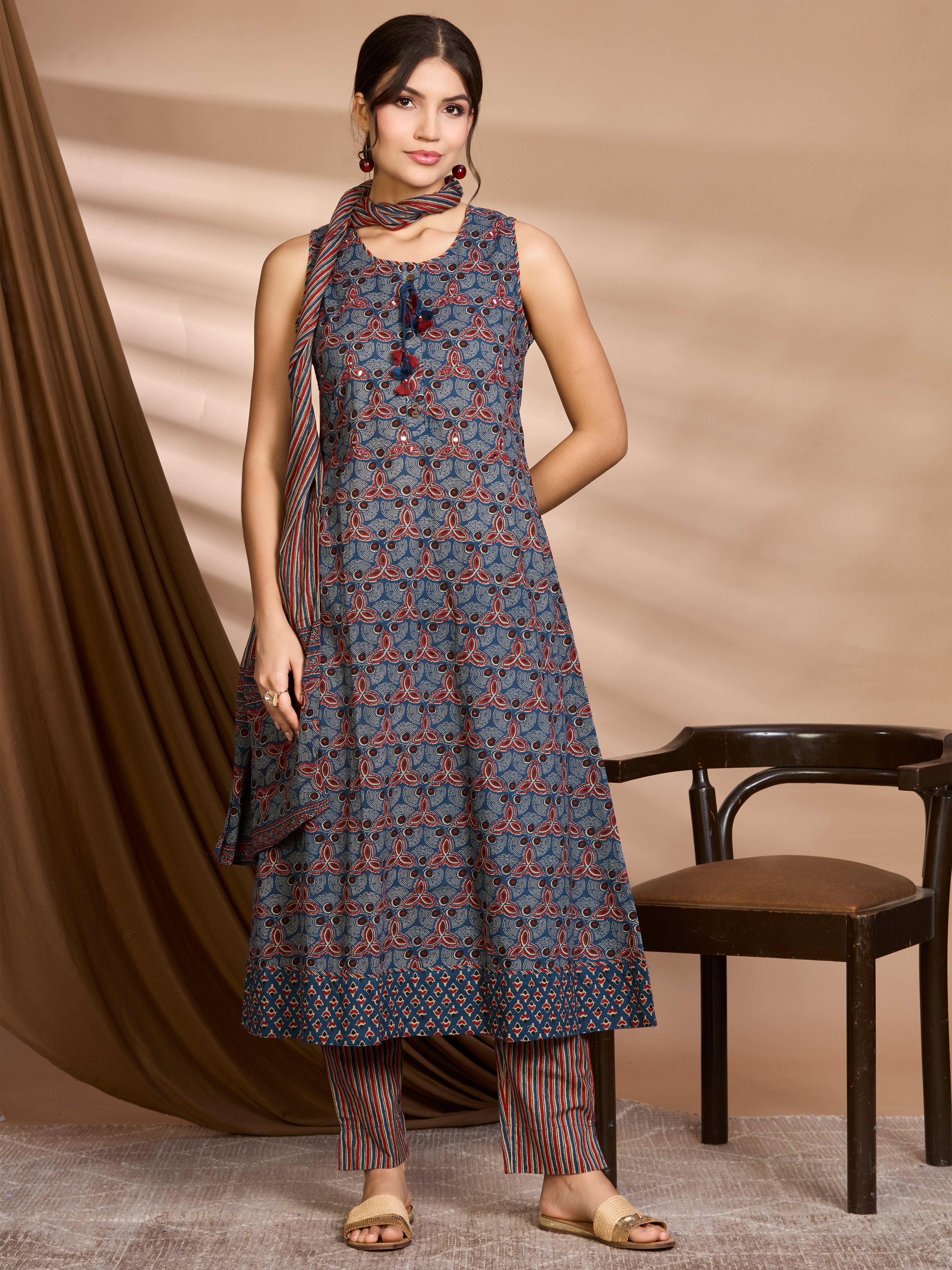 Midnight Indigo & Rust Hand Block Floral Print A-Line Kurta with Cotton Dupatta