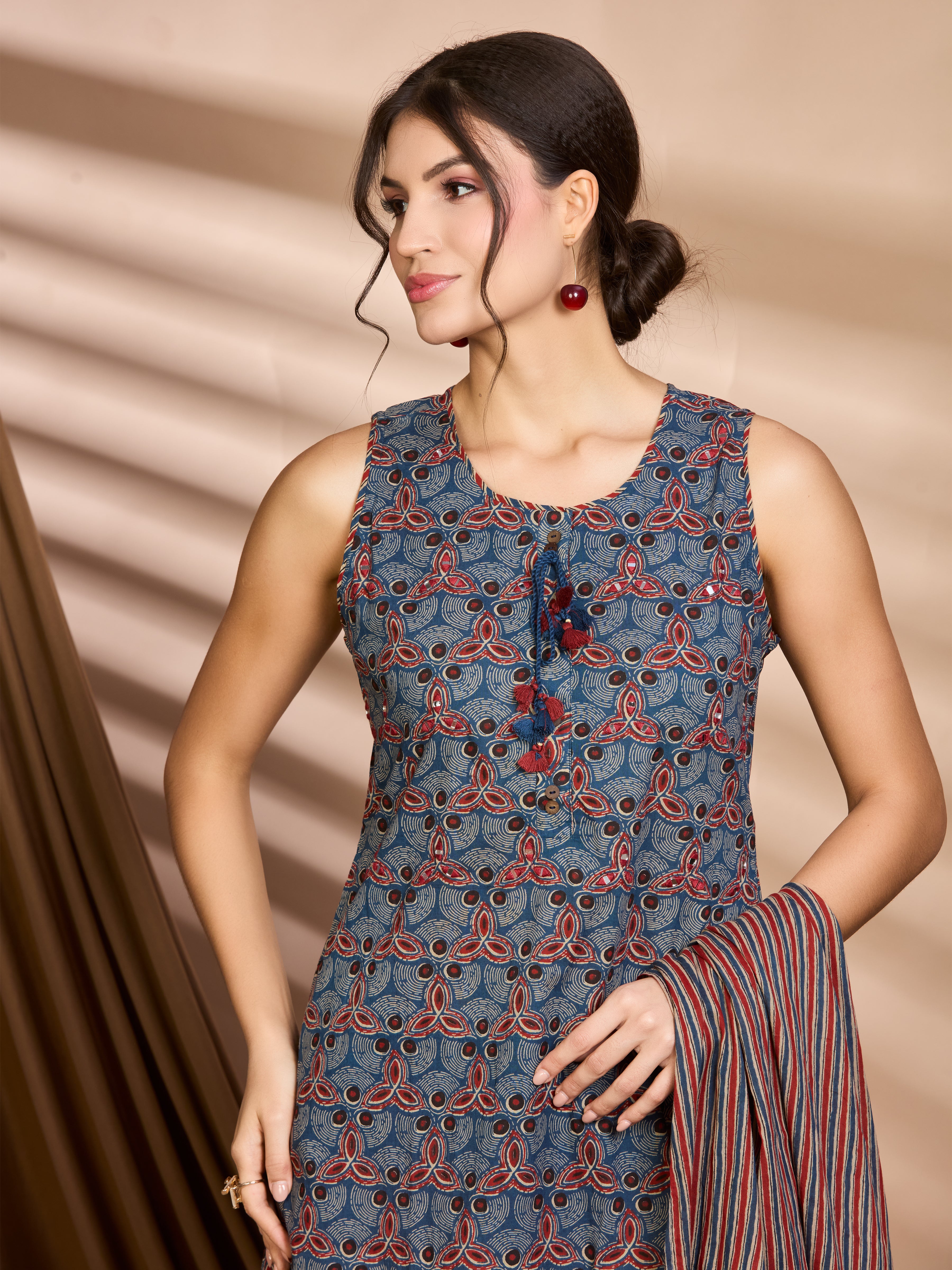 Midnight Indigo & Rust Hand Block Floral Print A-Line Kurta with Cotton Dupatta