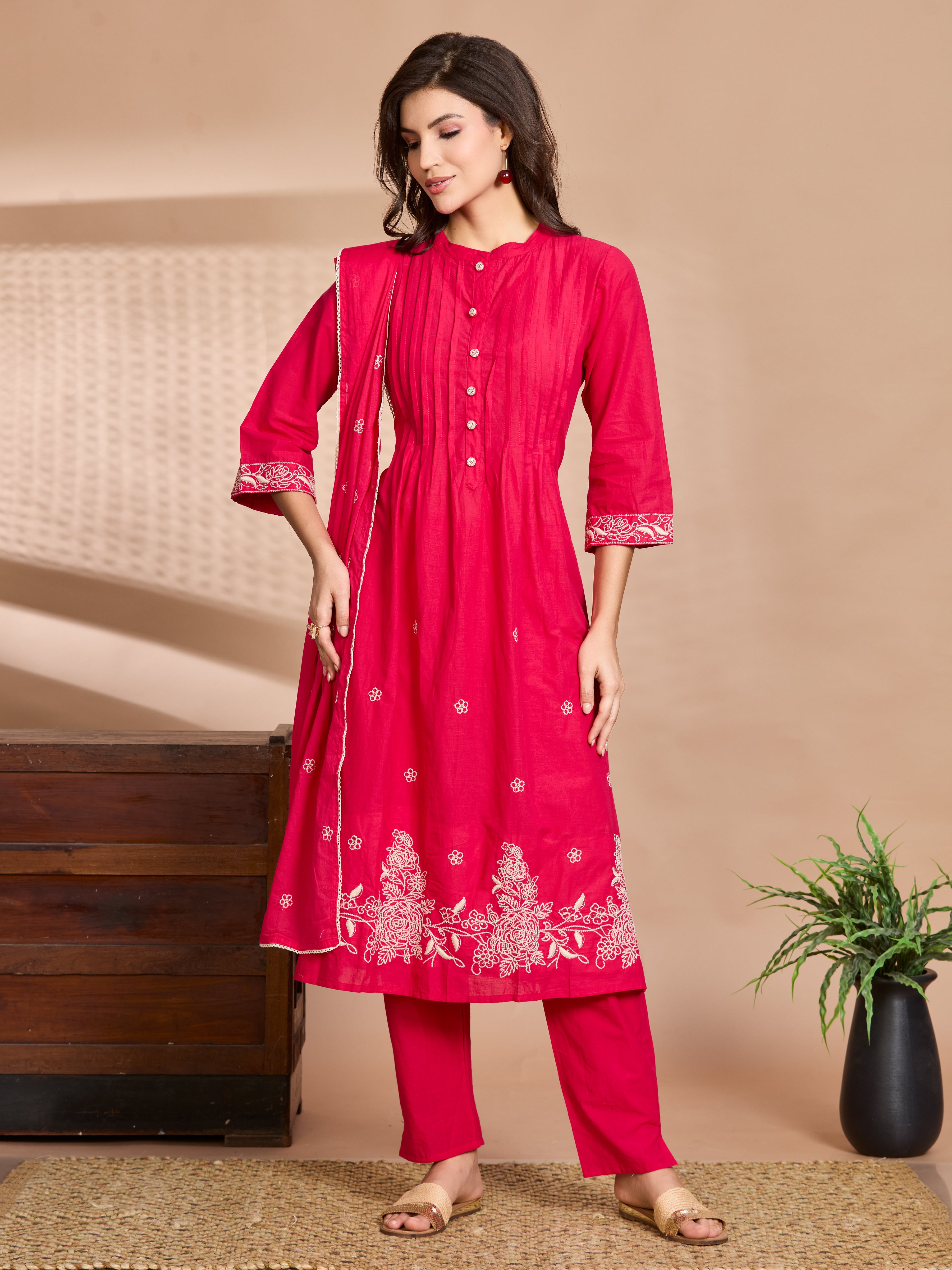 Fuchsia Elegance A-Line Suit Set with Ivory Embroidered Details & Cotton Dupatta