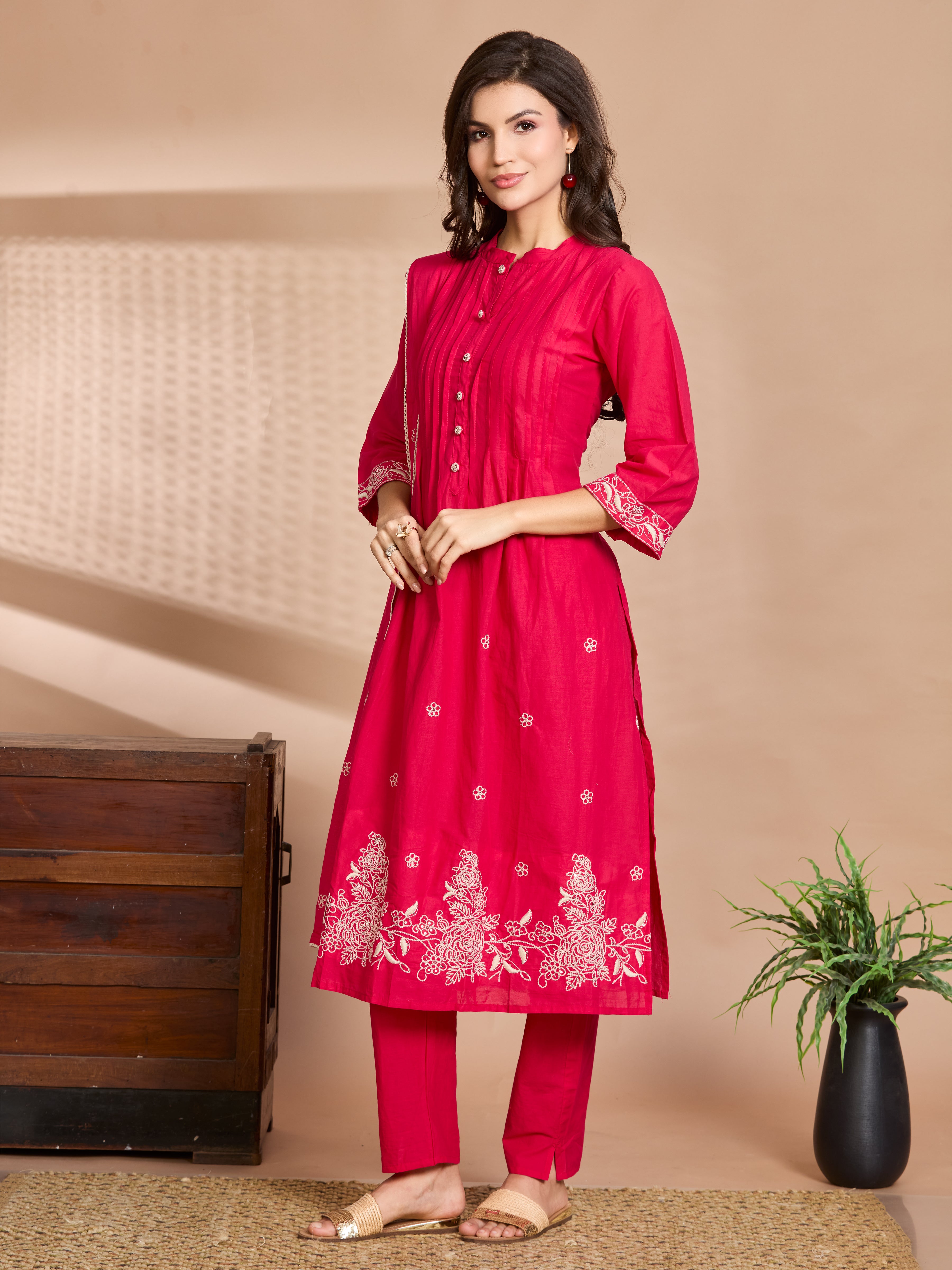 Fuchsia Elegance A-Line Suit Set with Ivory Embroidered Details & Cotton Dupatta