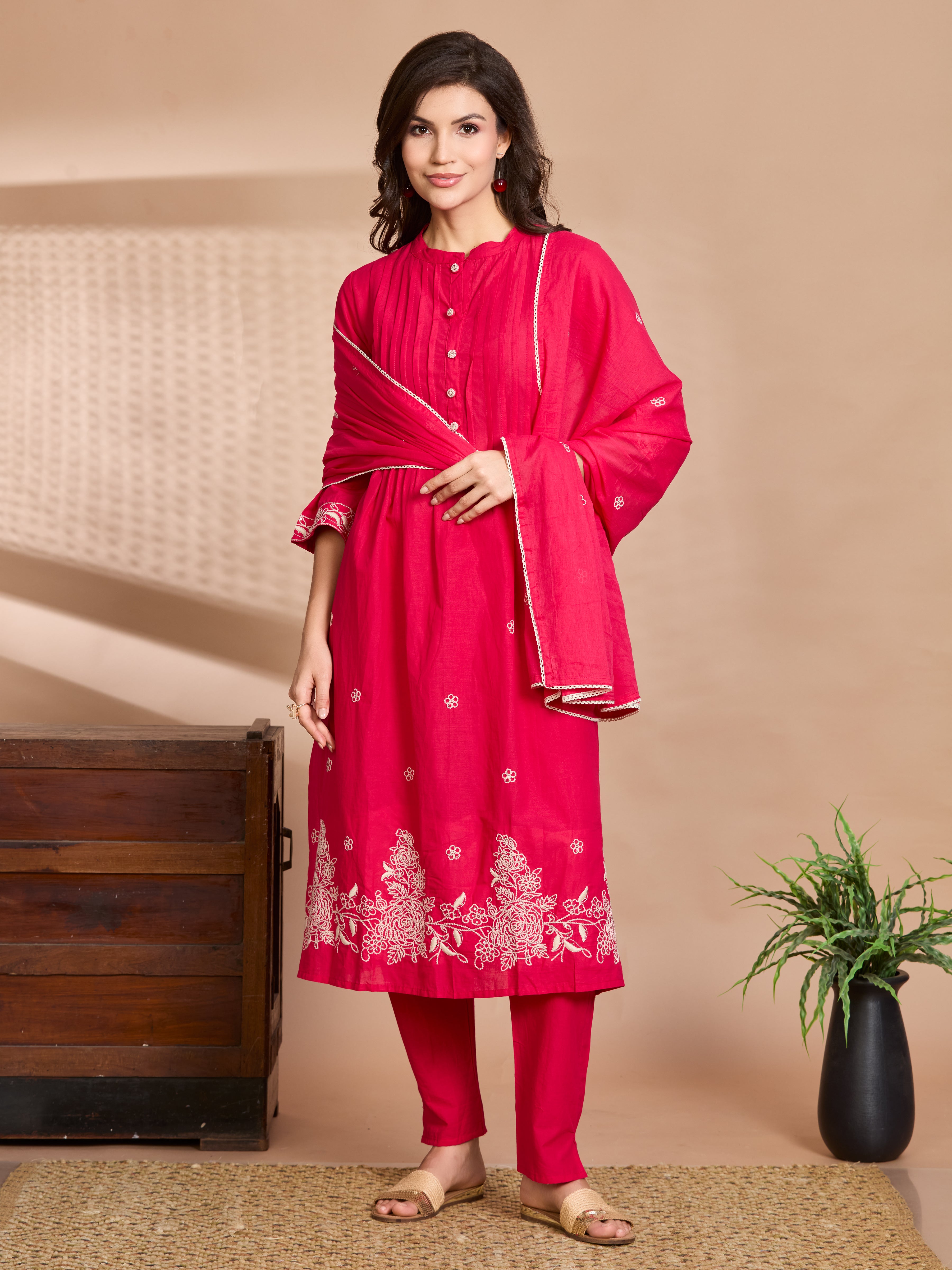 Fuchsia Elegance A-Line Suit Set with Ivory Embroidered Details & Cotton Dupatta
