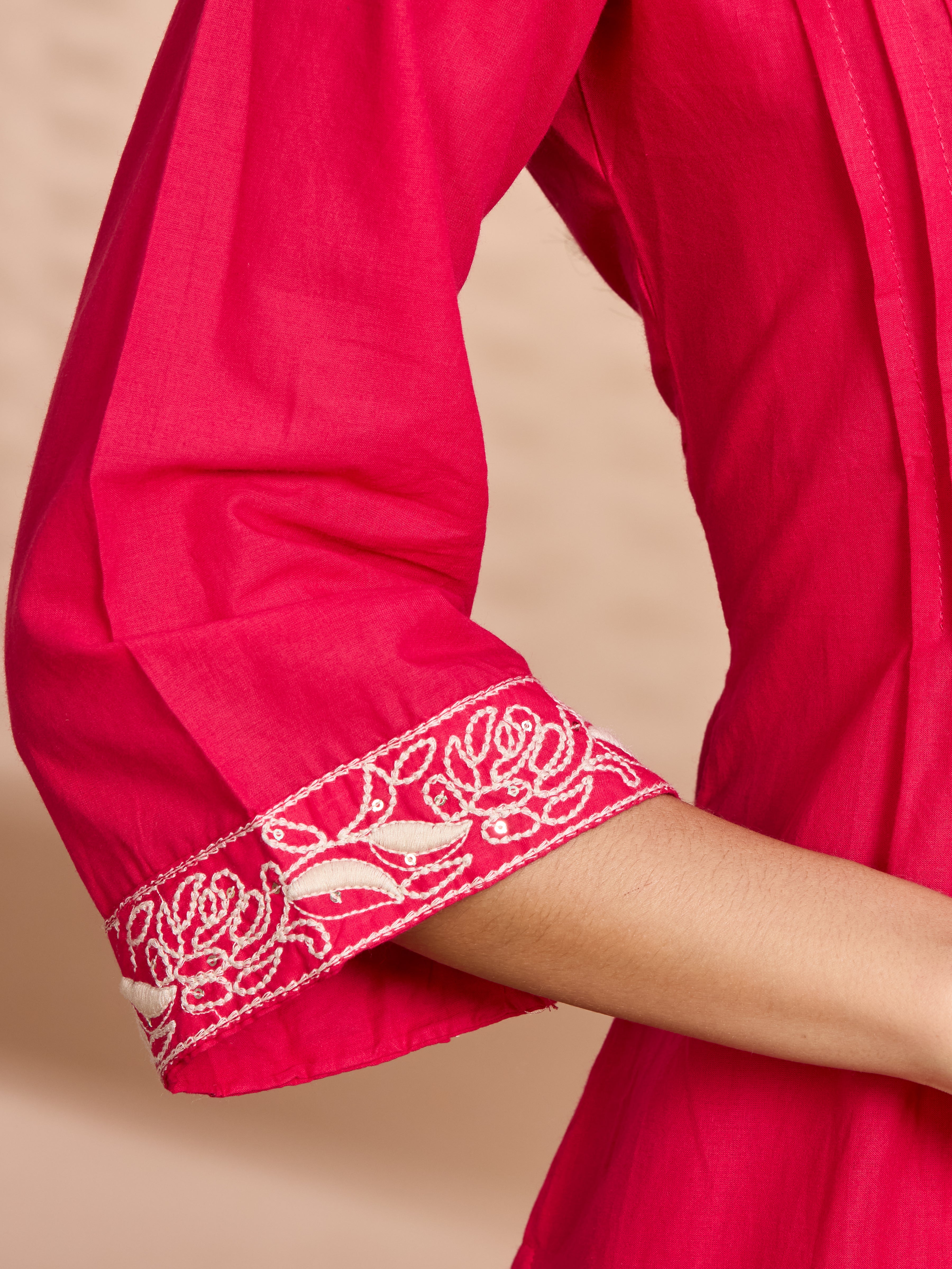Fuchsia Elegance A-Line Suit Set with Ivory Embroidered Details & Cotton Dupatta