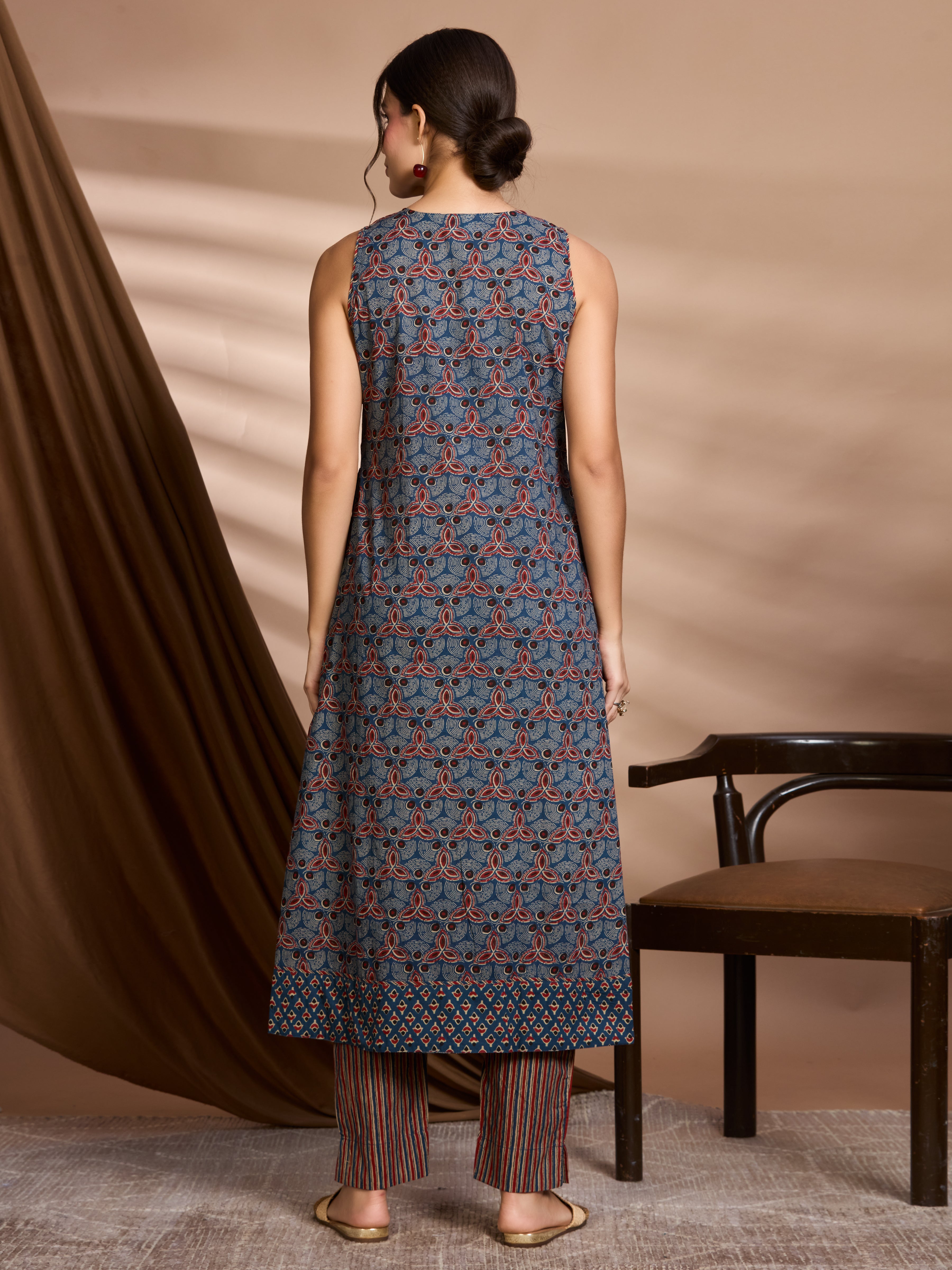 Midnight Indigo & Rust Hand Block Floral Print A-Line Kurta with Cotton Dupatta