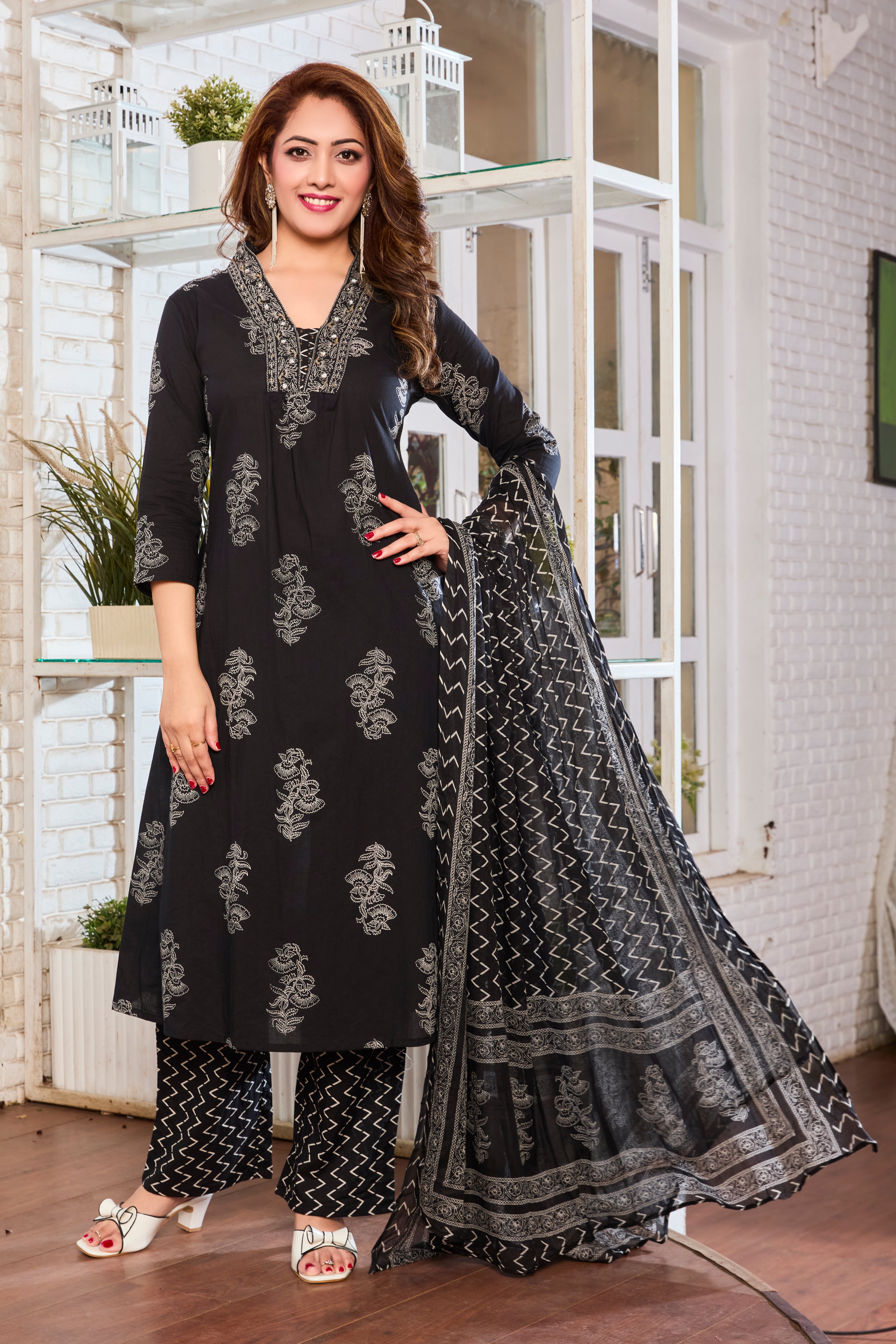Midnight Black Hand Block Floral Print A-Line Kurta with White Handblock Print & Cotton Dupatta
