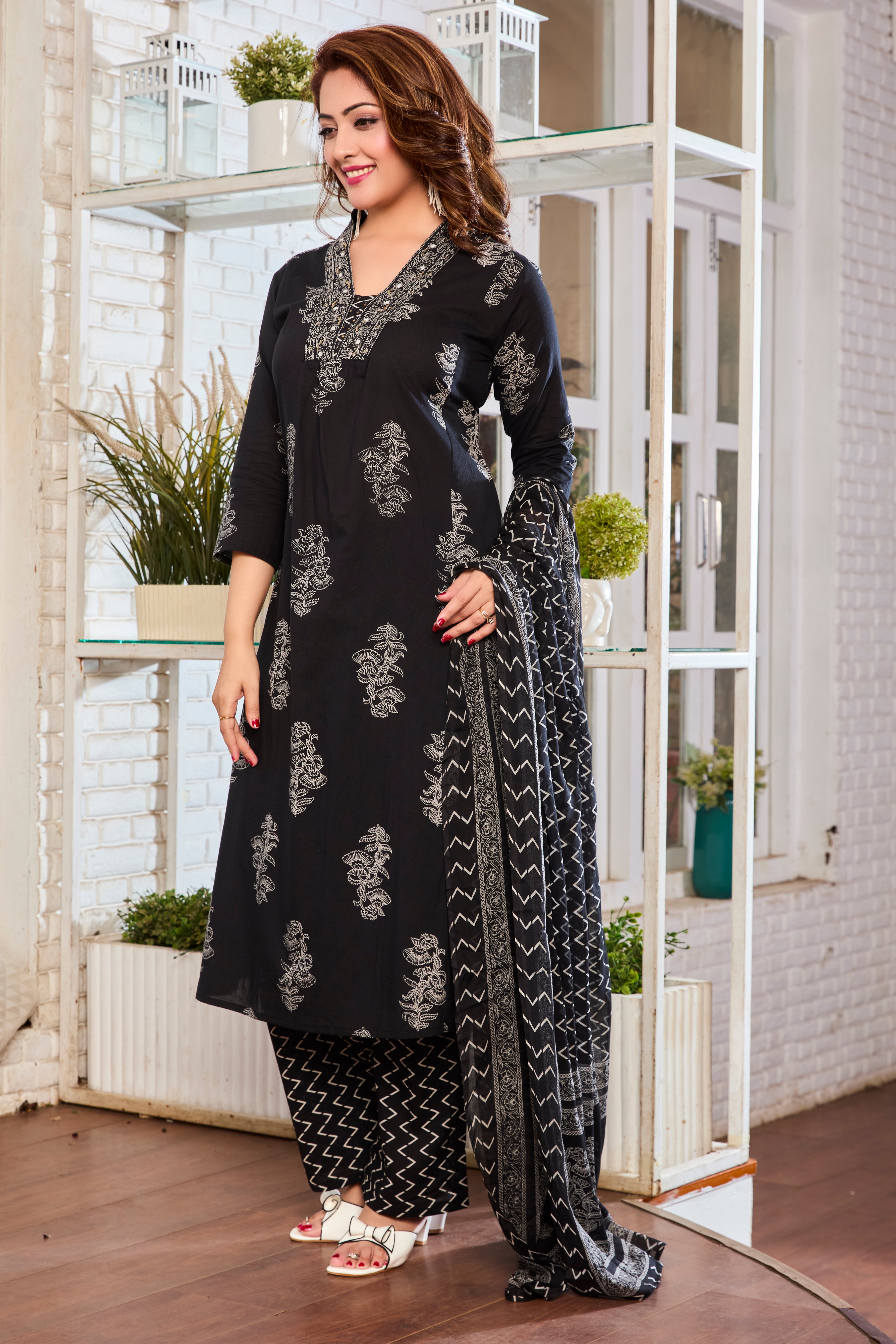 Midnight Black Hand Block Floral Print A-Line Kurta with White Handblock Print & Cotton Dupatta