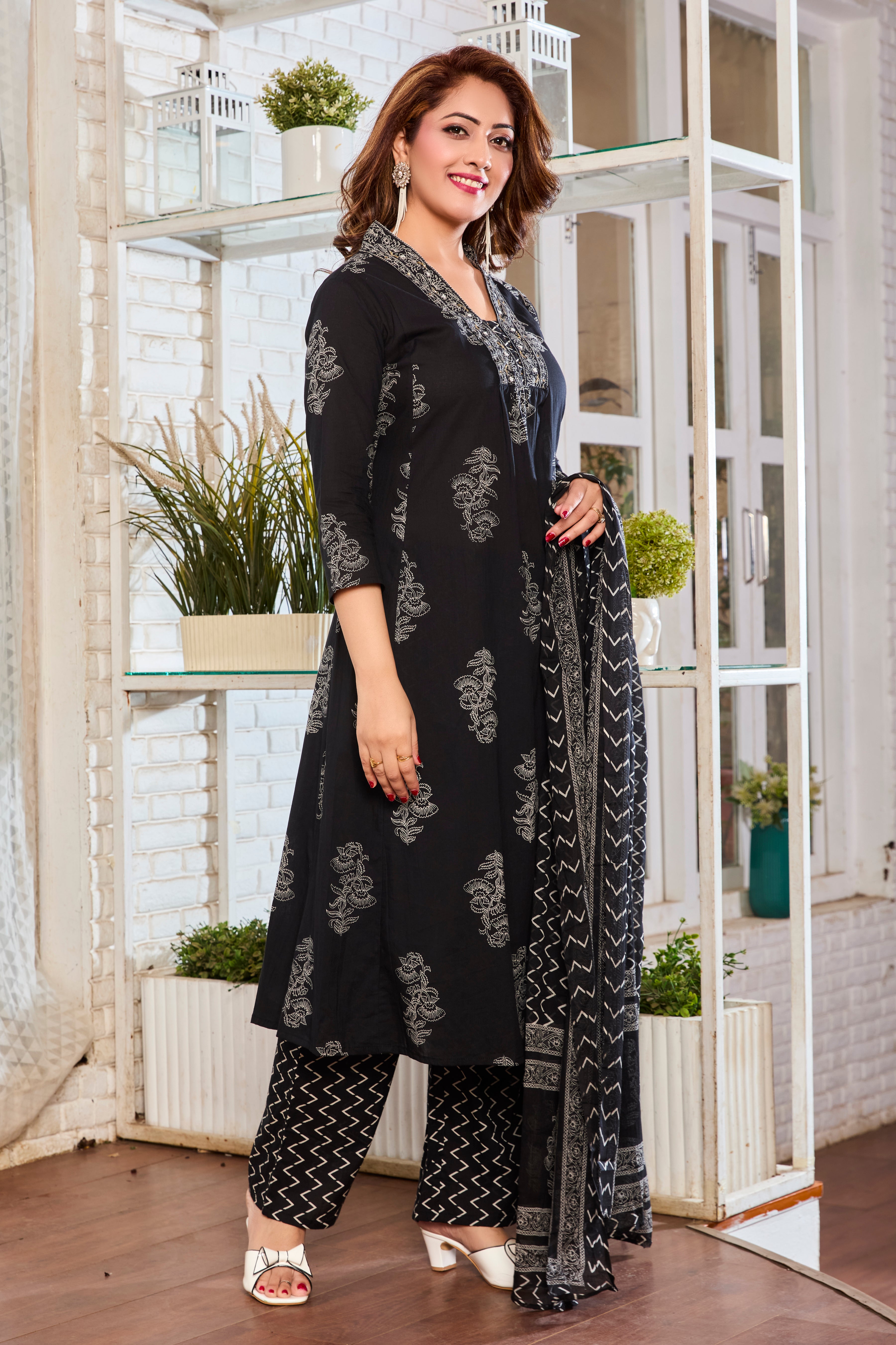 Midnight Black Hand Block Floral Print A-Line Kurta with White Handblock Print & Cotton Dupatta