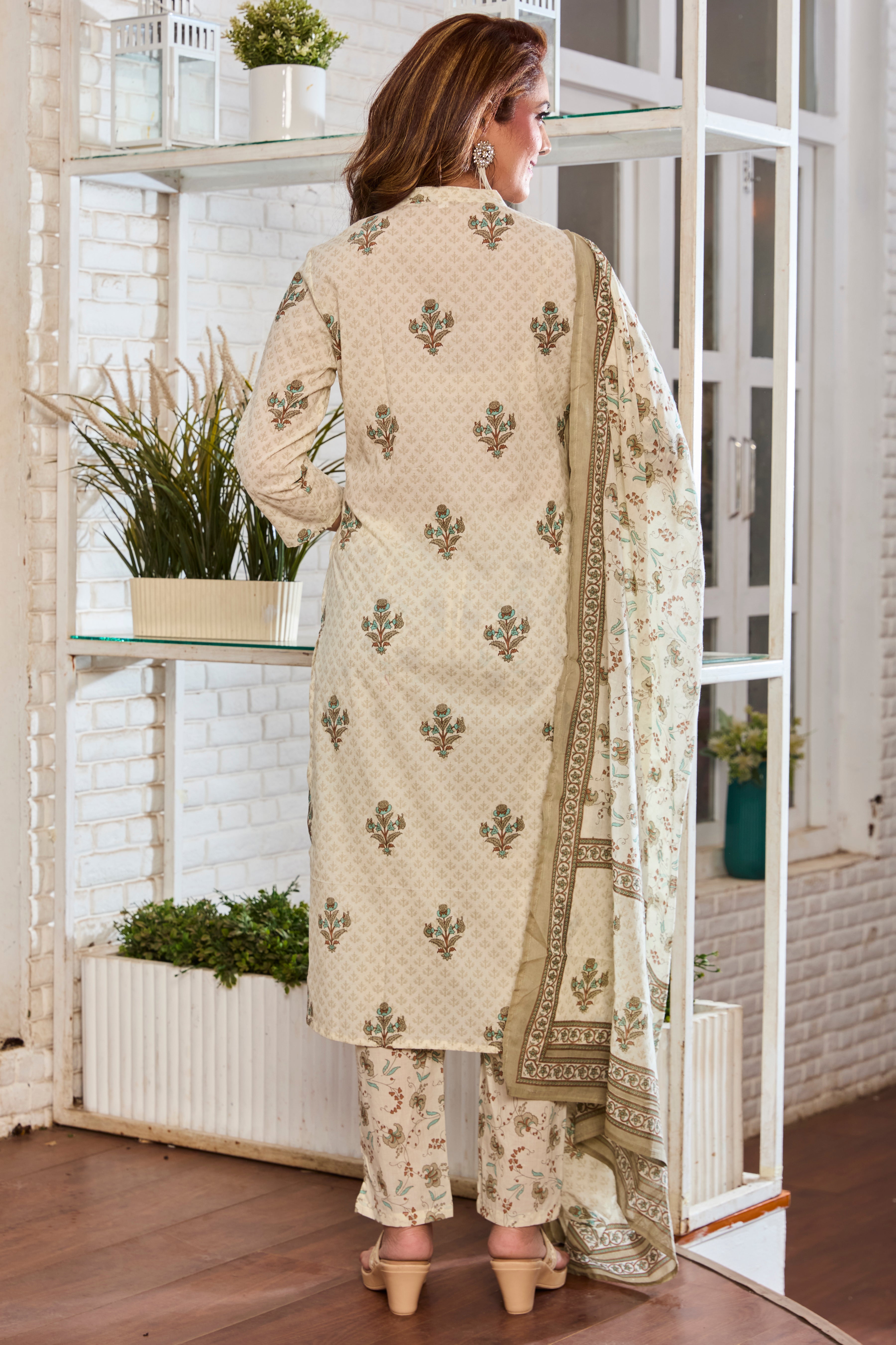 Off-White with Muted Green Handblock Floral Print A-Line Kurta with Cotton Dupatta