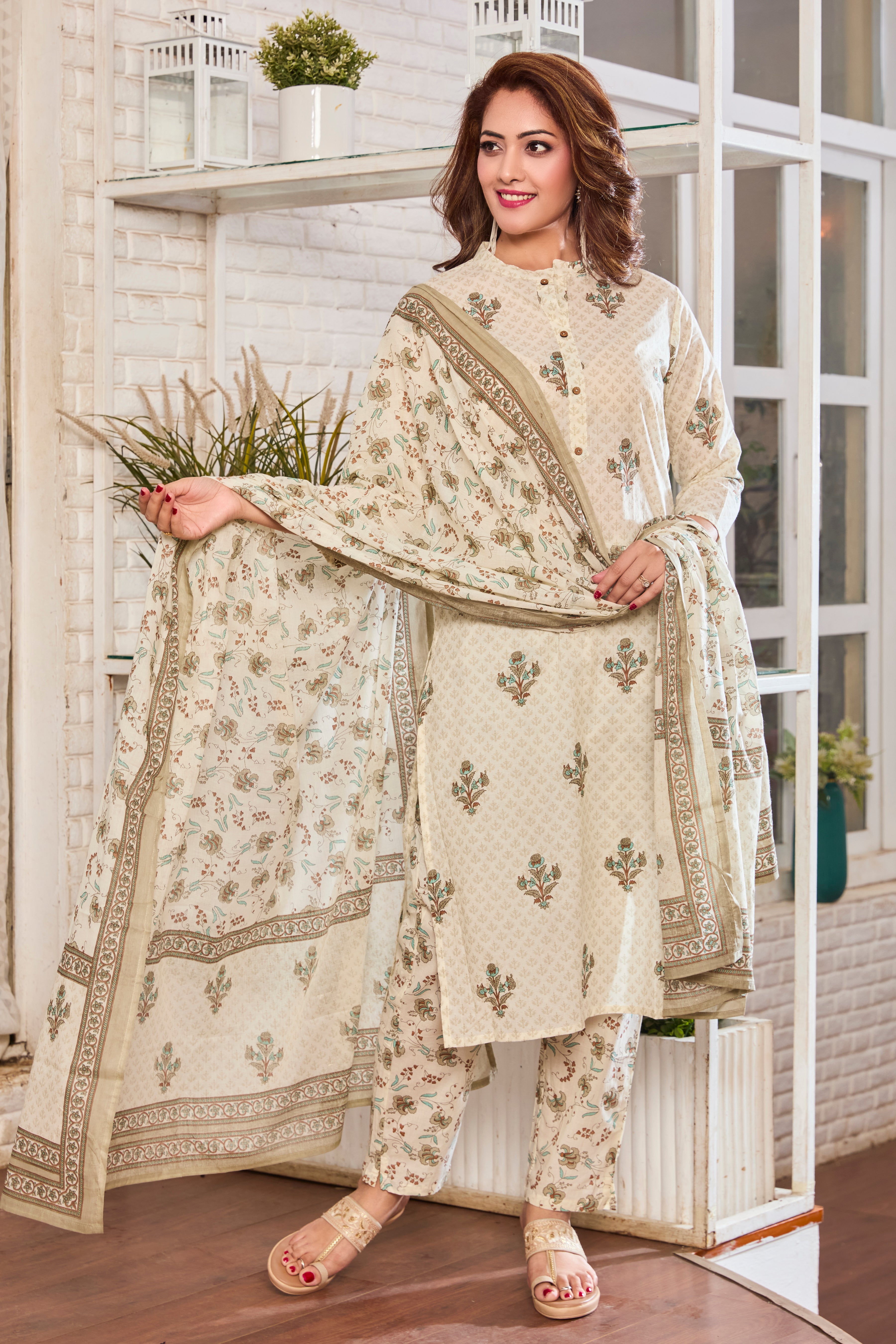 Off-White with Muted Green Handblock Floral Print A-Line Kurta with Cotton Dupatta
