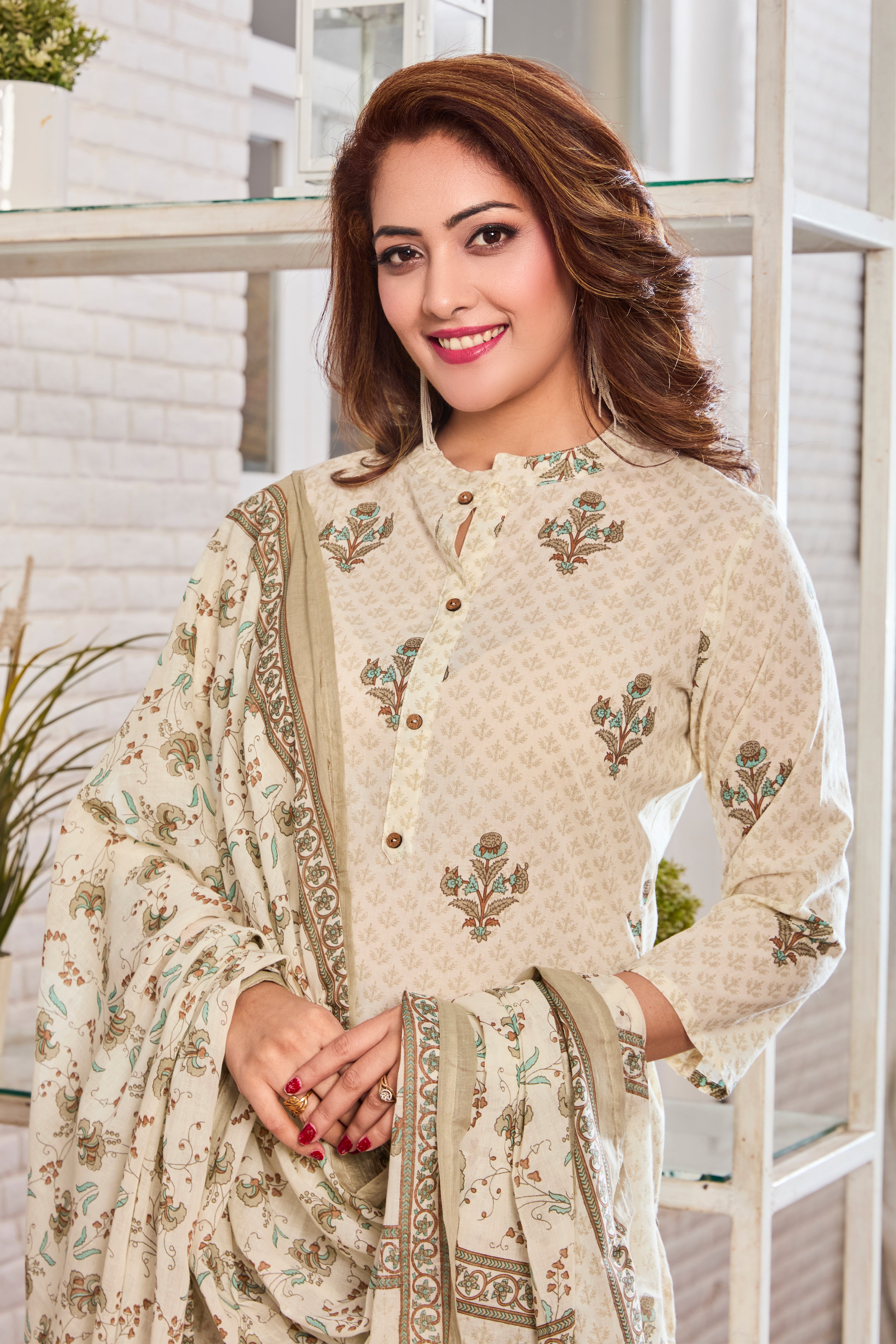 Off-White with Muted Green Handblock Floral Print A-Line Kurta with Cotton Dupatta
