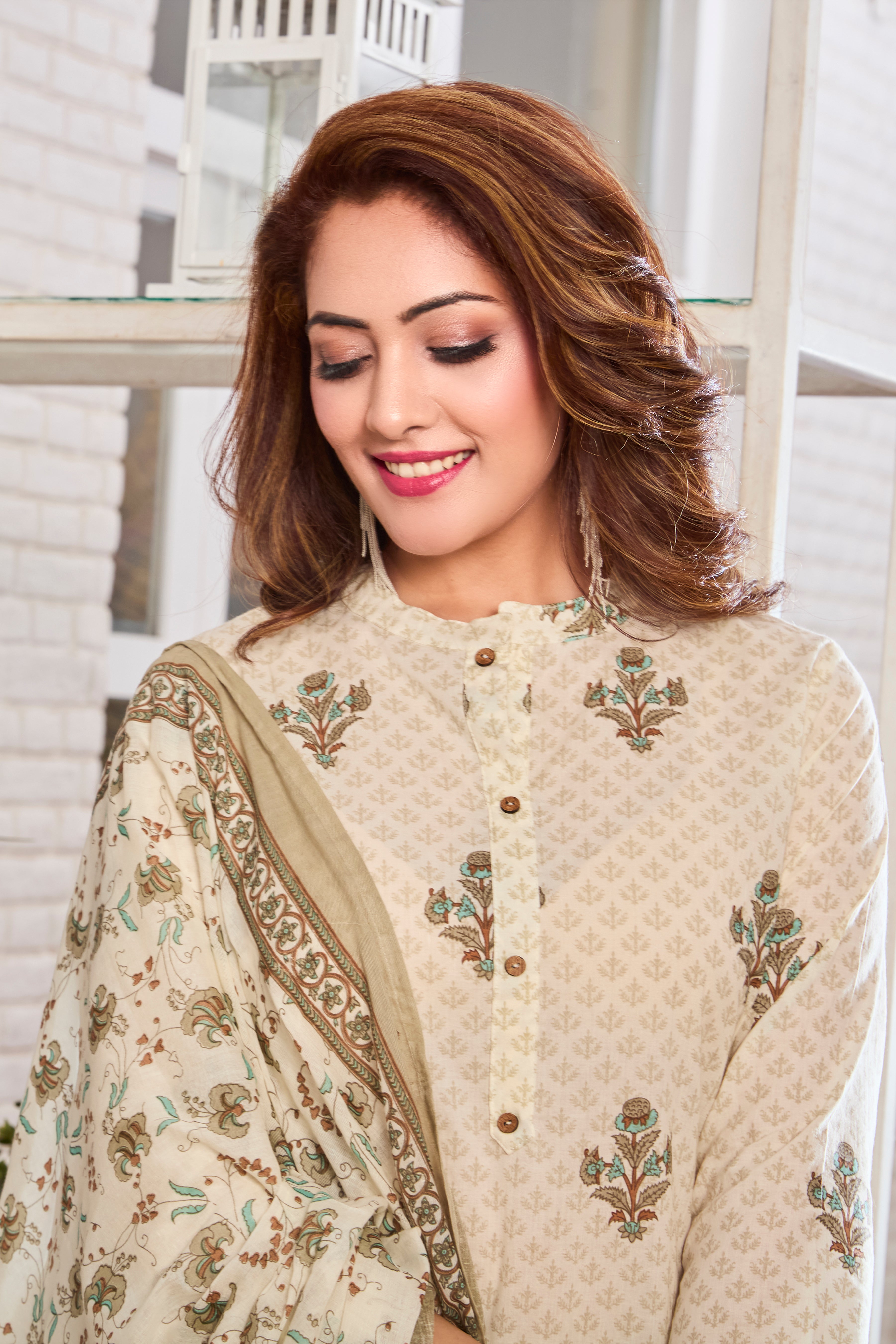 Off-White with Muted Green Handblock Floral Print A-Line Kurta with Cotton Dupatta