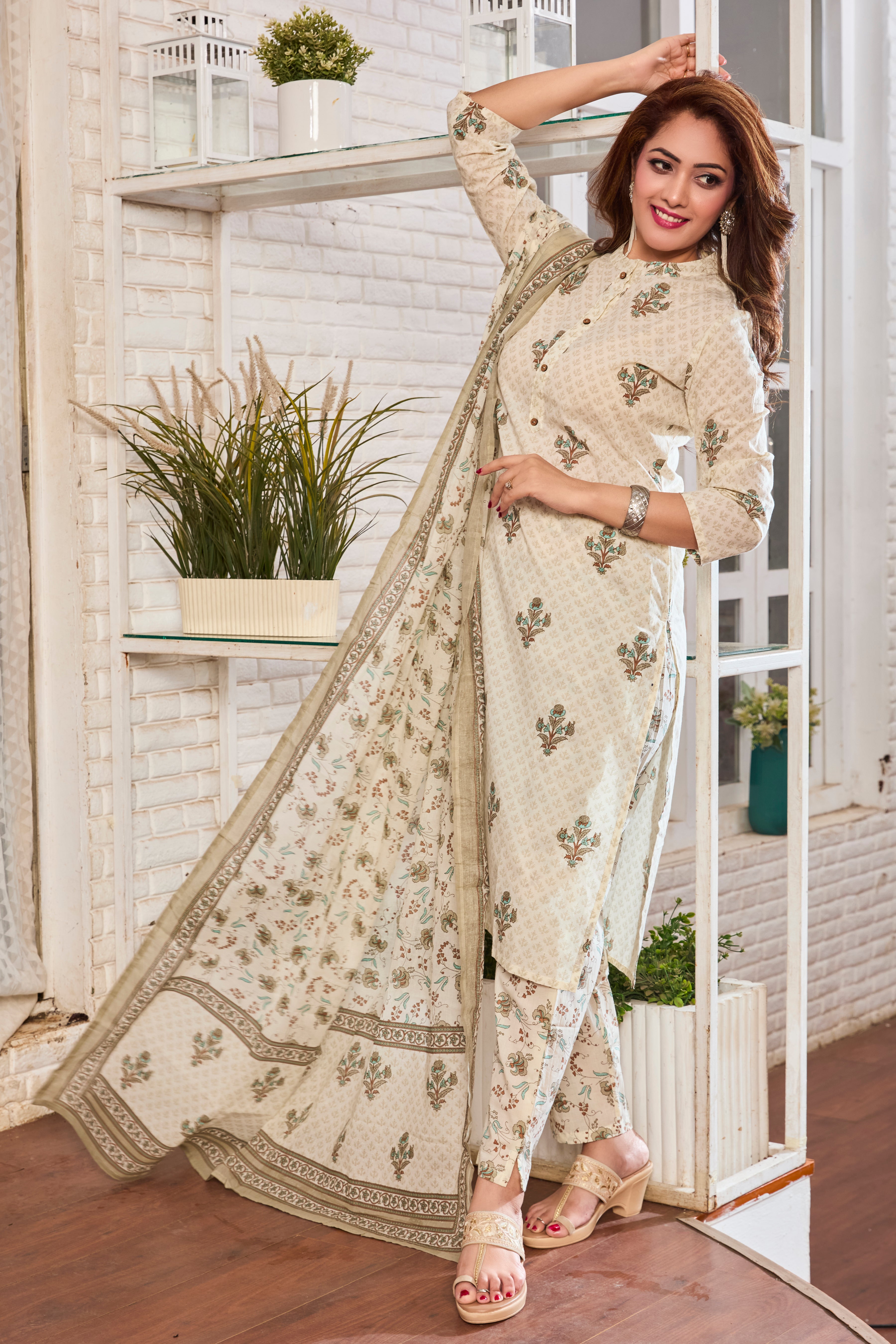 Off-White with Muted Green Handblock Floral Print A-Line Kurta with Cotton Dupatta