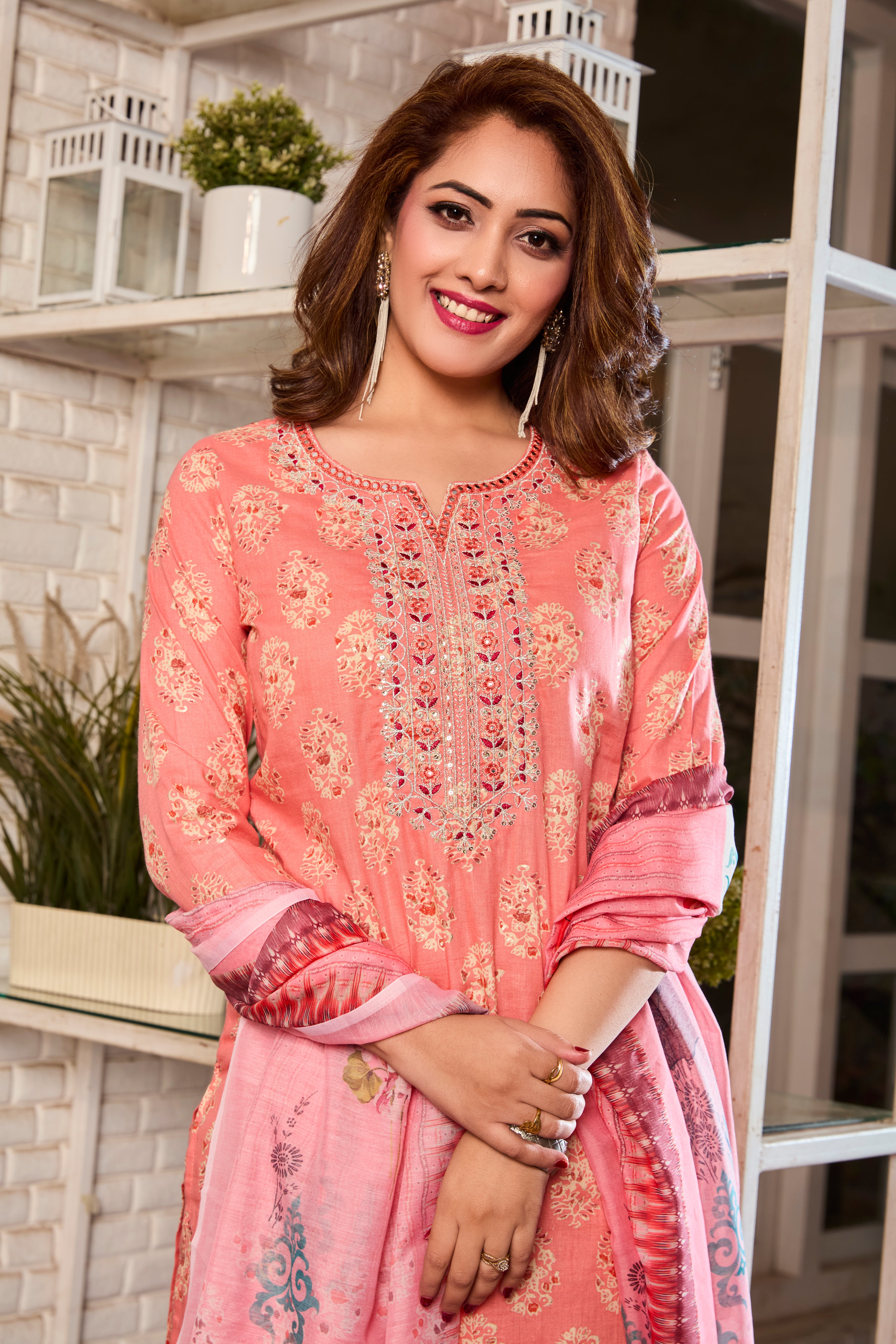 Peach Floral Motfits Straight Suit Set with Cotton Dupatta