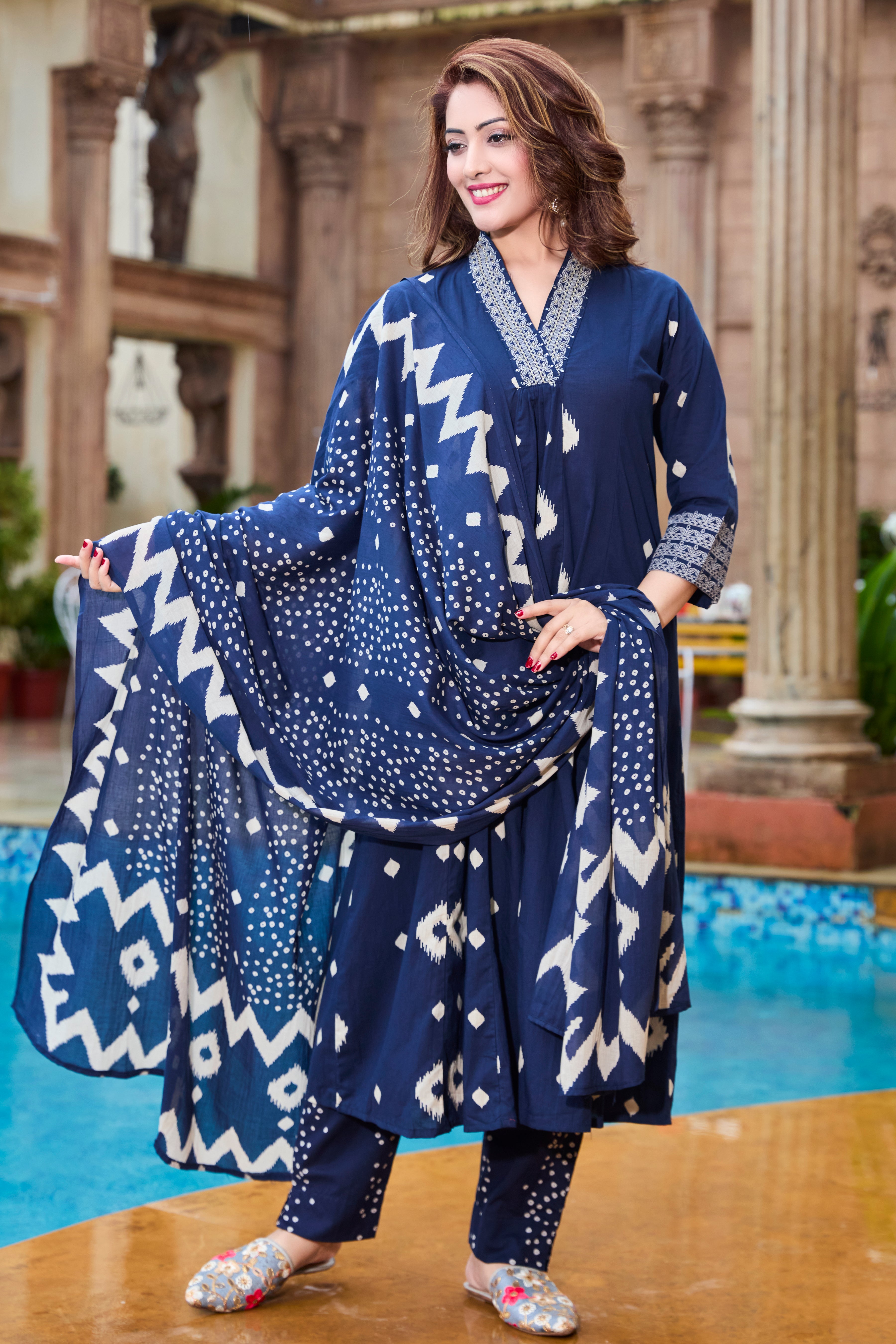 Midnight Navy & Ivory Hand Block Floral Print A-Line Kurta with Soft Cotton Dupatta