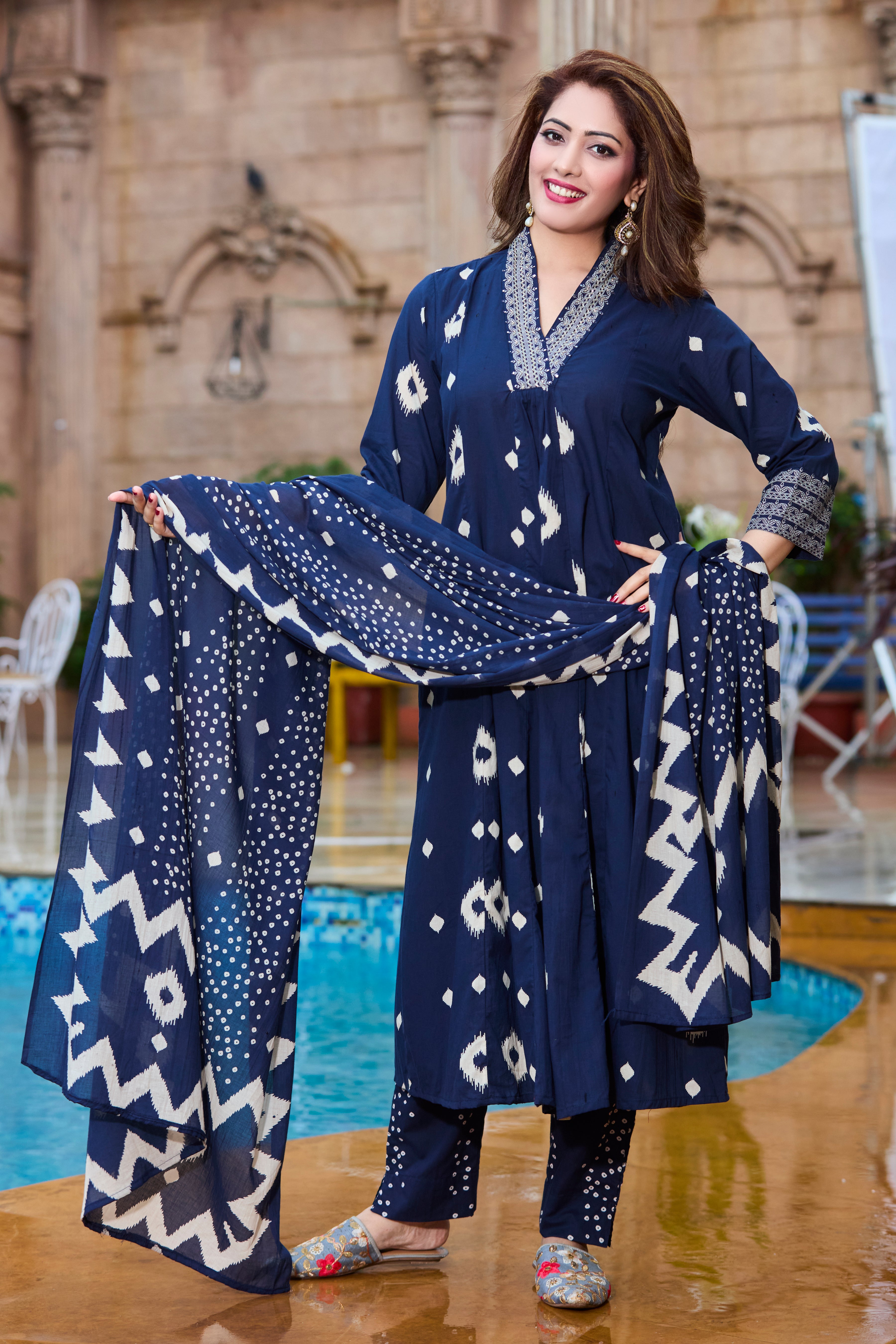 Midnight Navy & Ivory Hand Block Floral Print A-Line Kurta with Soft Cotton Dupatta