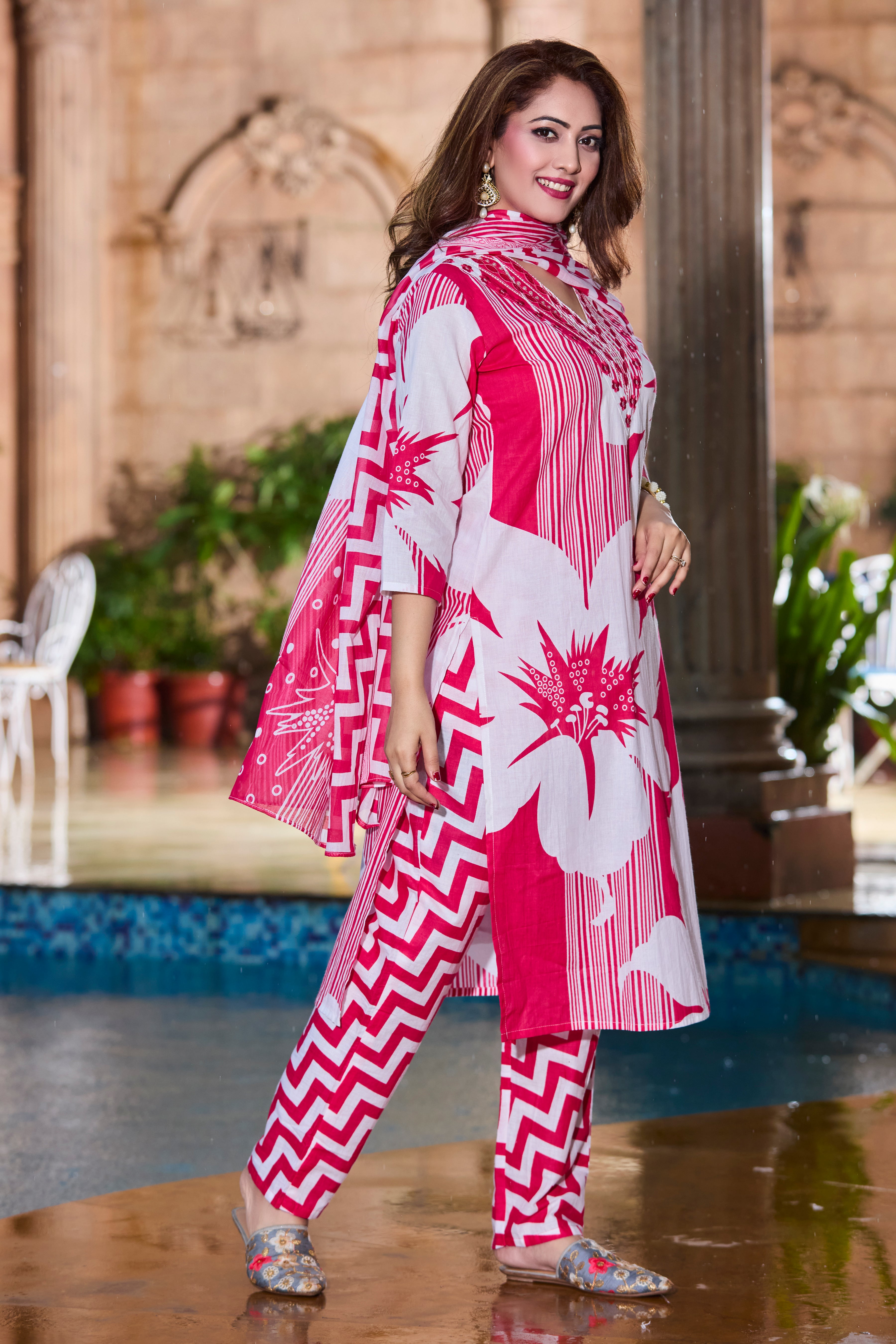 Bright Pink Handblock striped and floral motifs with Lightweight soft cotton Dupatta