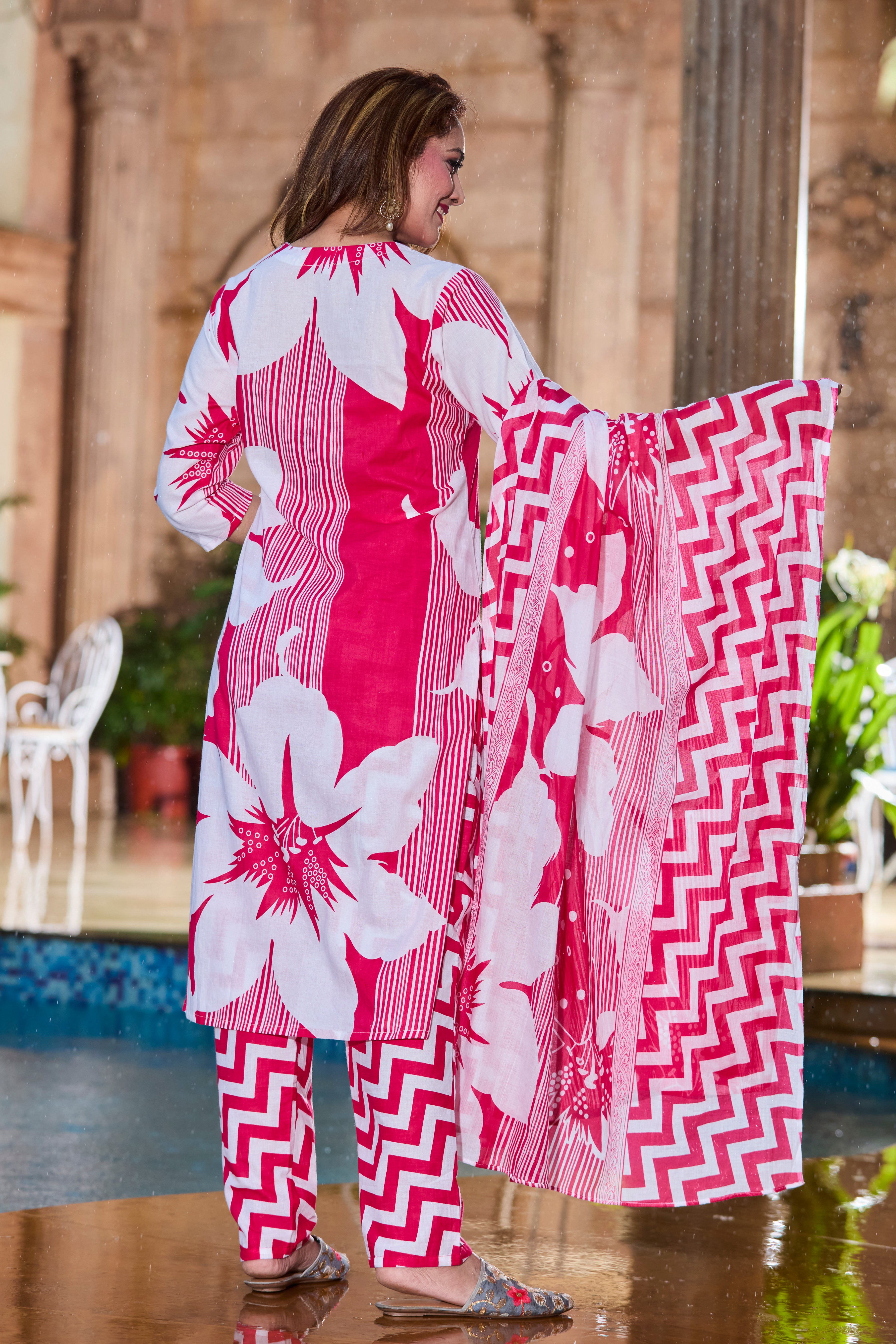 Bright Pink Handblock striped and floral motifs with Lightweight soft cotton Dupatta