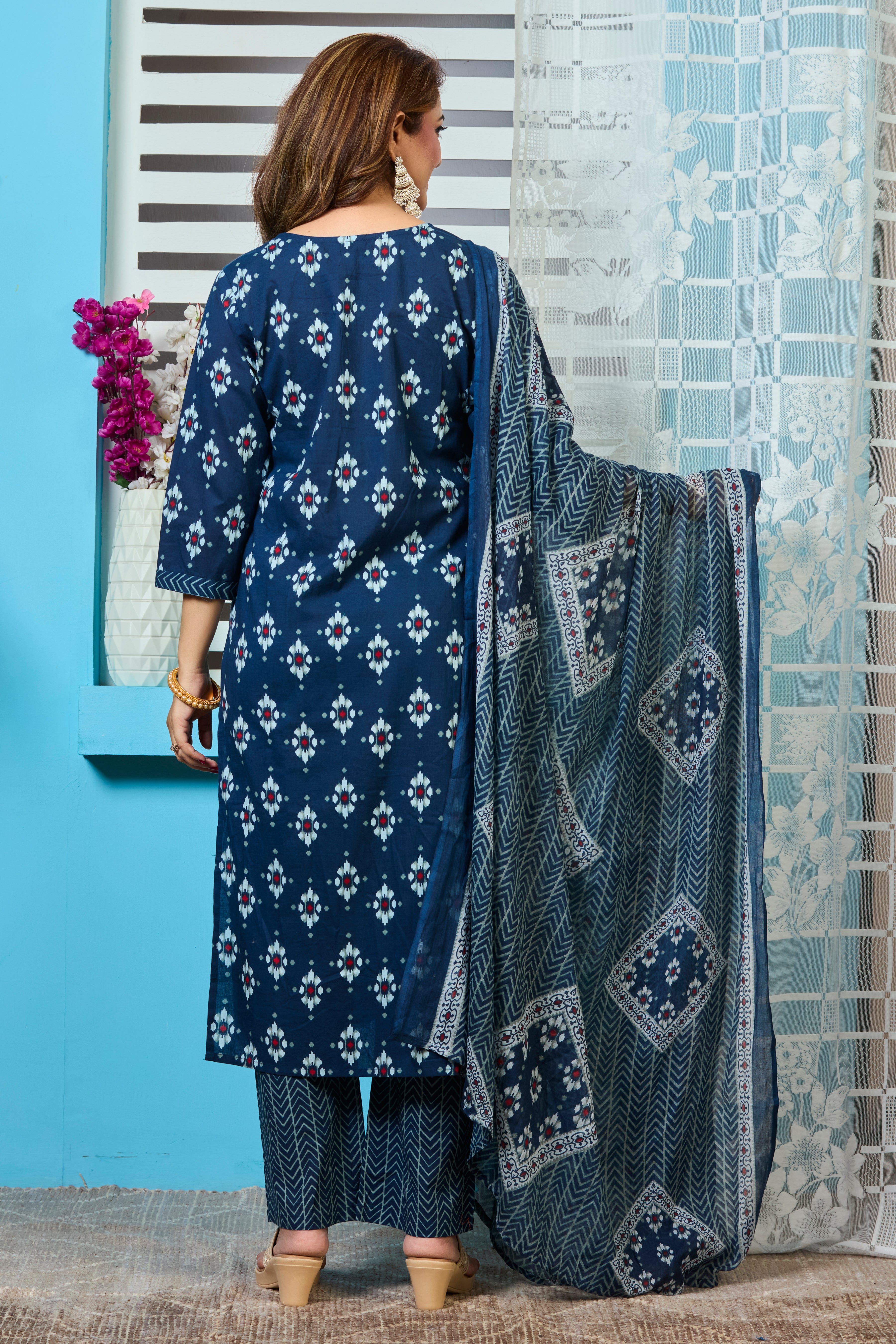 Deep Indigo Handblock print Straight suit set with Soft cotton Dupatta