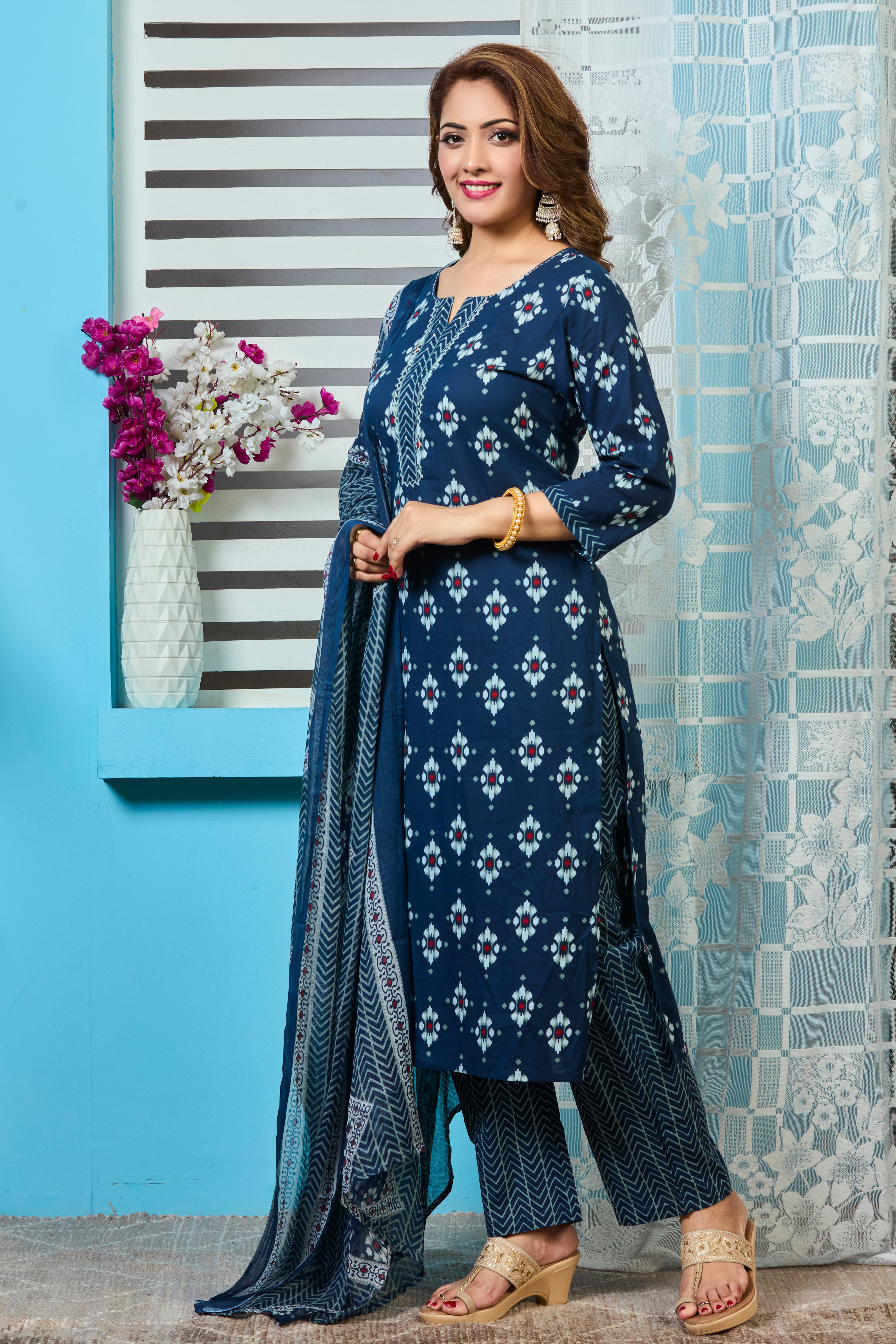 Deep Indigo Handblock print Straight suit set with Soft cotton Dupatta