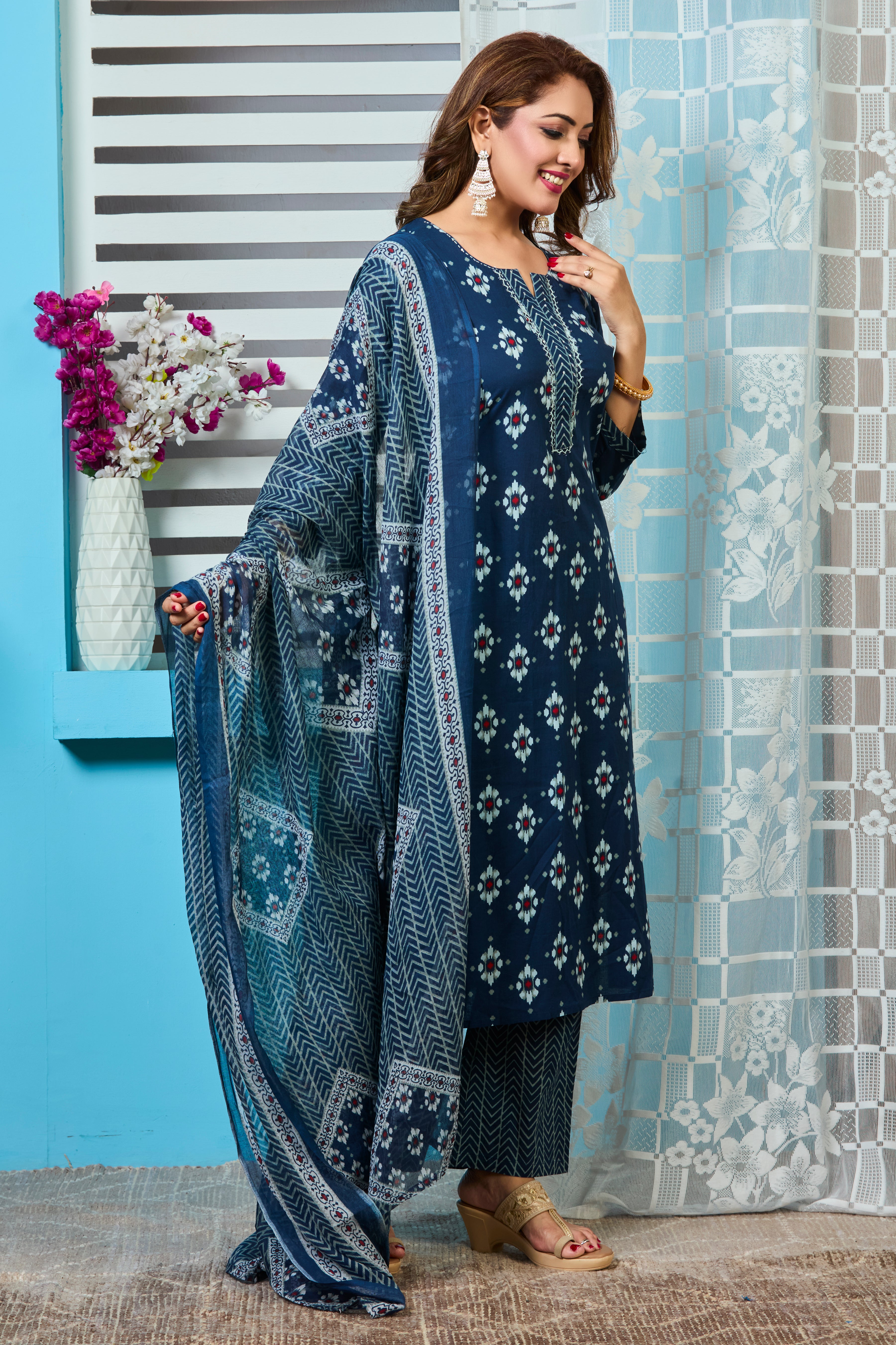 Deep Indigo Handblock print Straight suit set with Soft cotton Dupatta