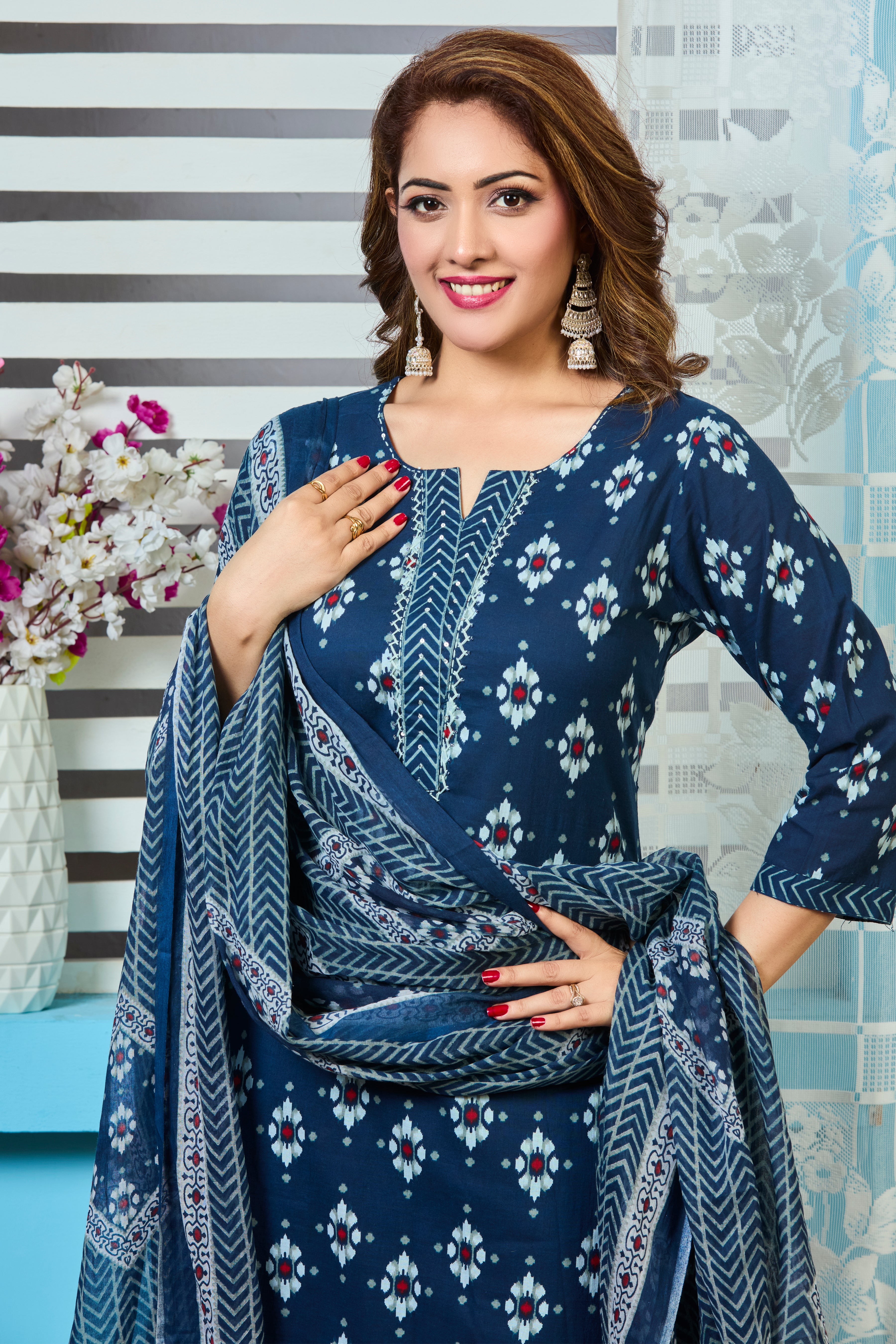 Deep Indigo Handblock print Straight suit set with Soft cotton Dupatta