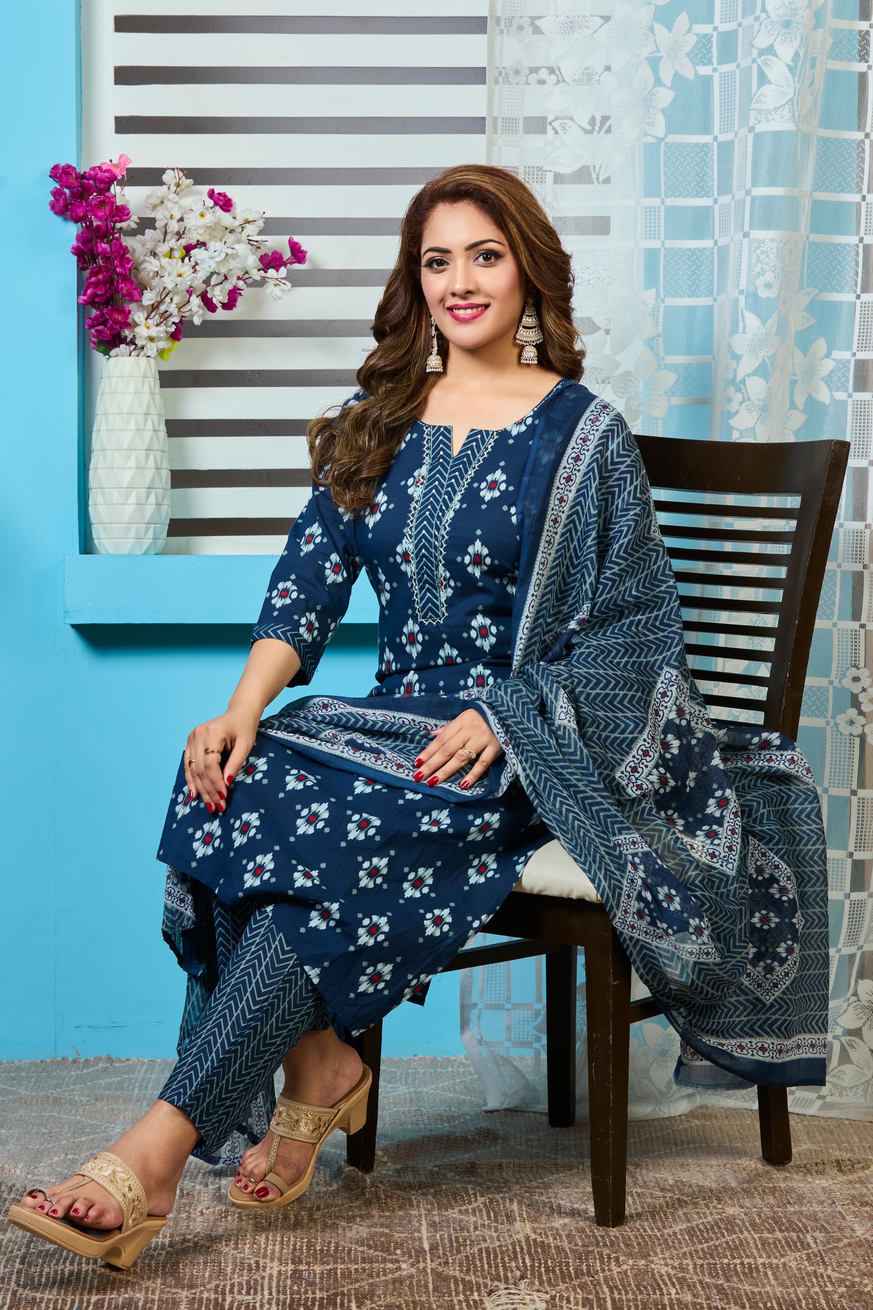 Deep Indigo Handblock print Straight suit set with Soft cotton Dupatta