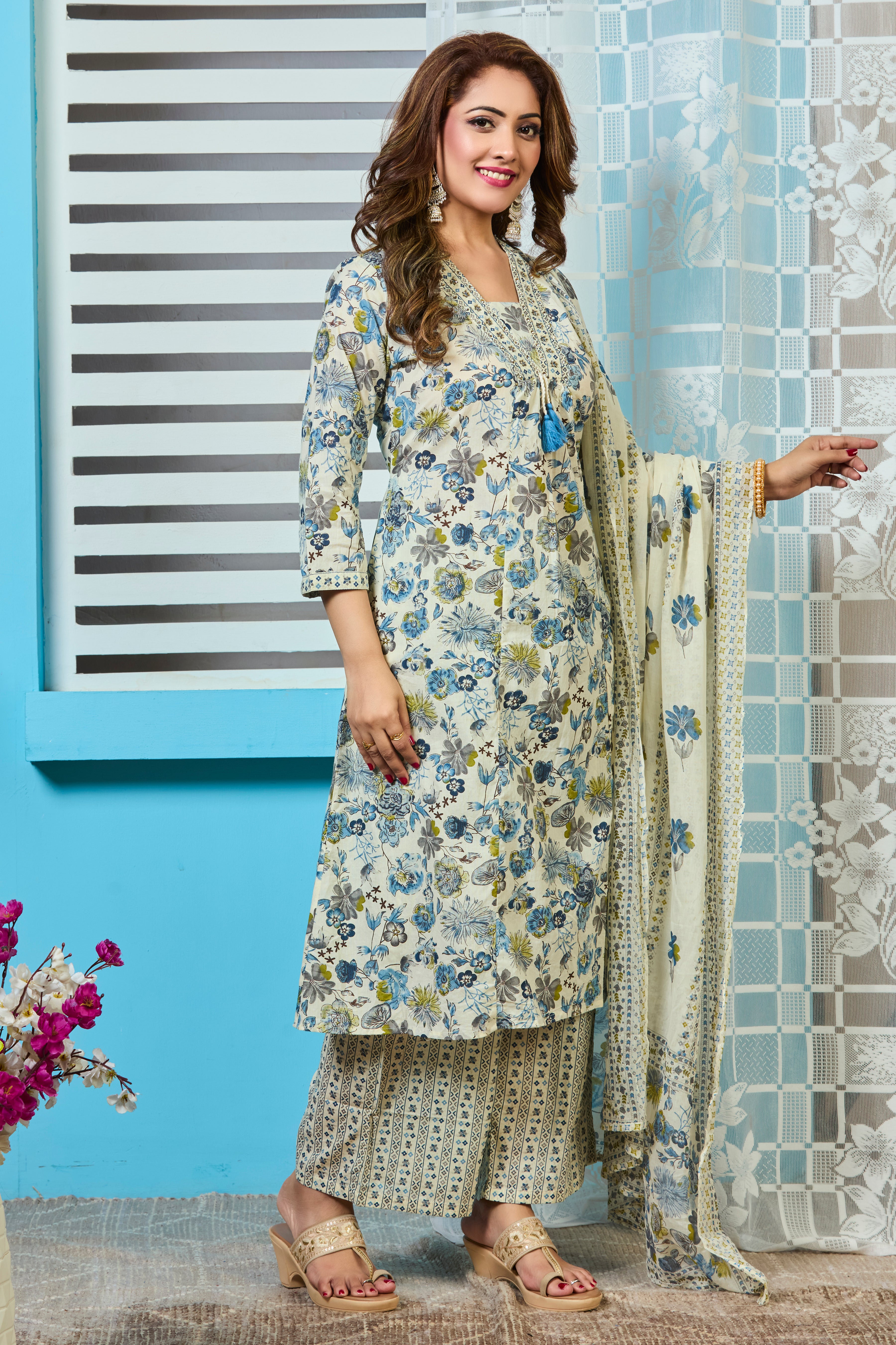 Ivory Hand Block Floral Print A-Line Kurta with Lightweight Cotton Dupatta