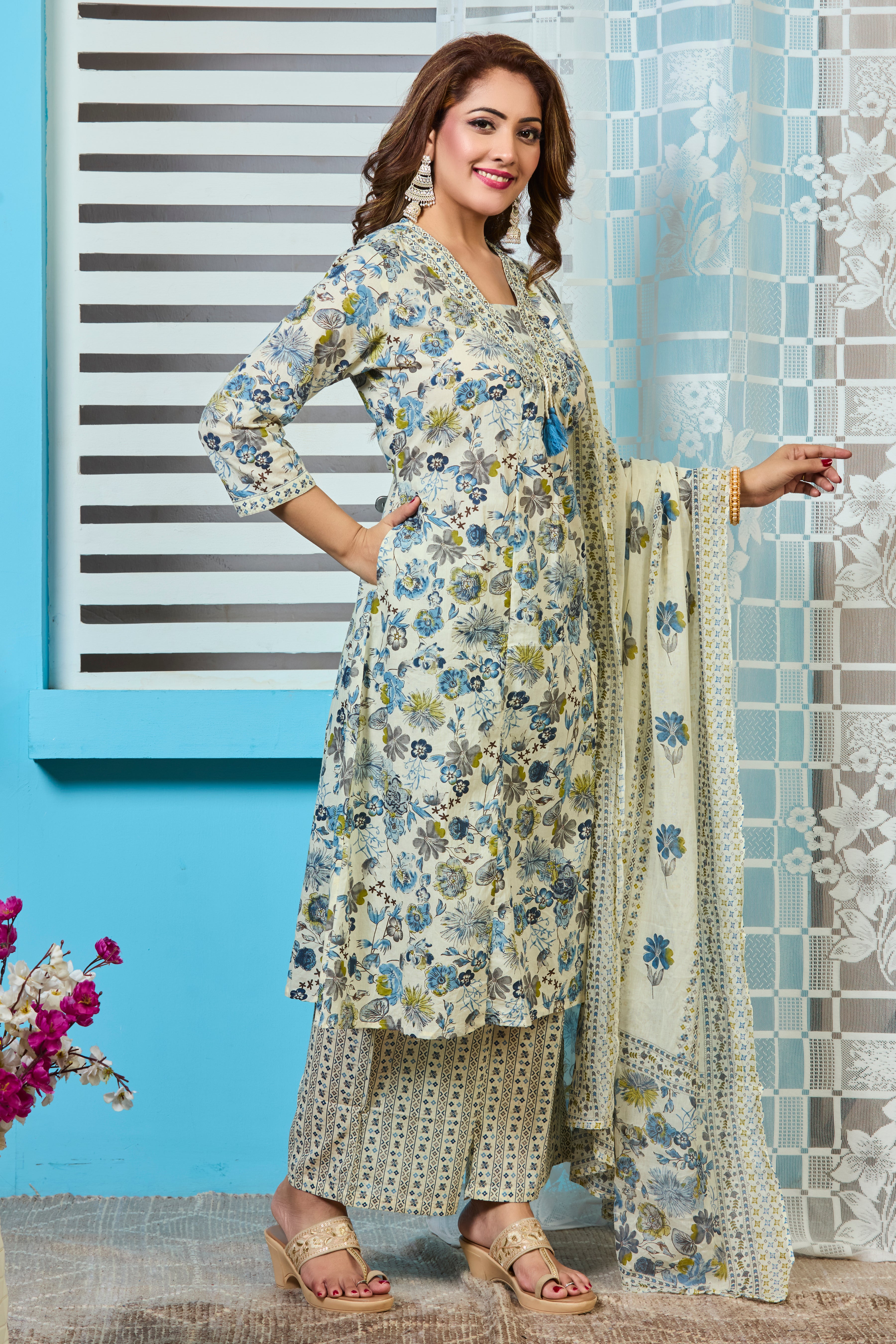 Ivory Hand Block Floral Print A-Line Kurta with Lightweight Cotton Dupatta
