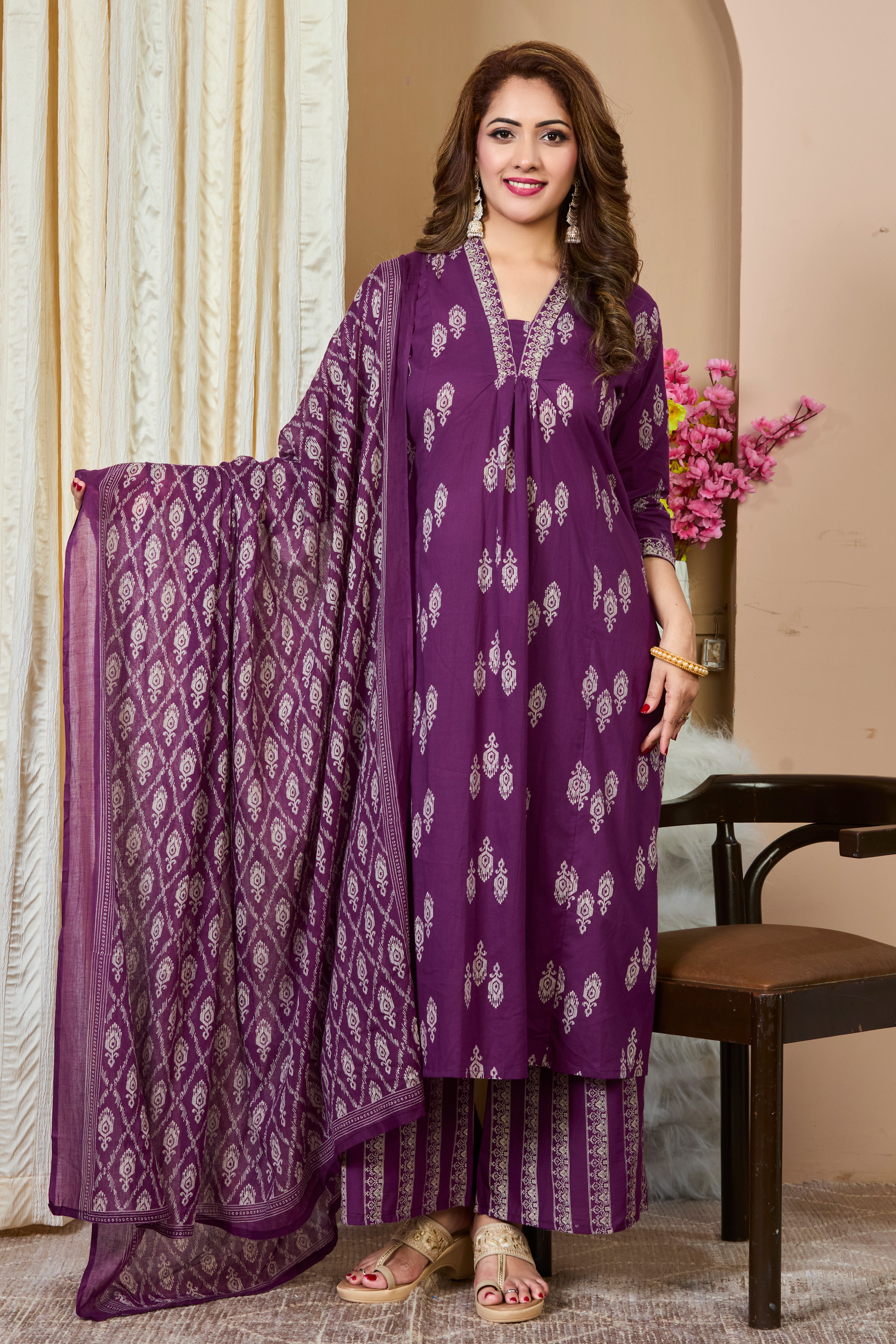 Deep Purple Hand Block Printed A-Line Kurta with Cotton Dupatta